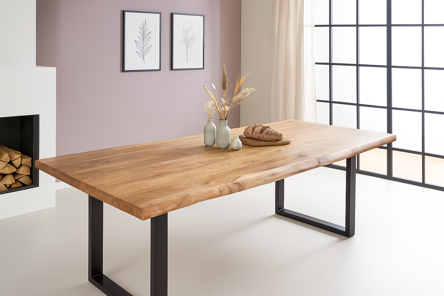 Esstisch Baumkante 280 x 110 cm Akazie Natur U-Gestell schwarz VALIN