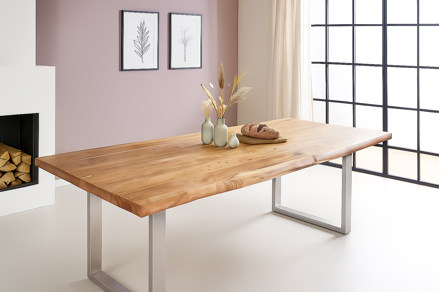 Esstisch Baumkante 240 x 110 cm Akazie Natur U-Gestell silber VALIN