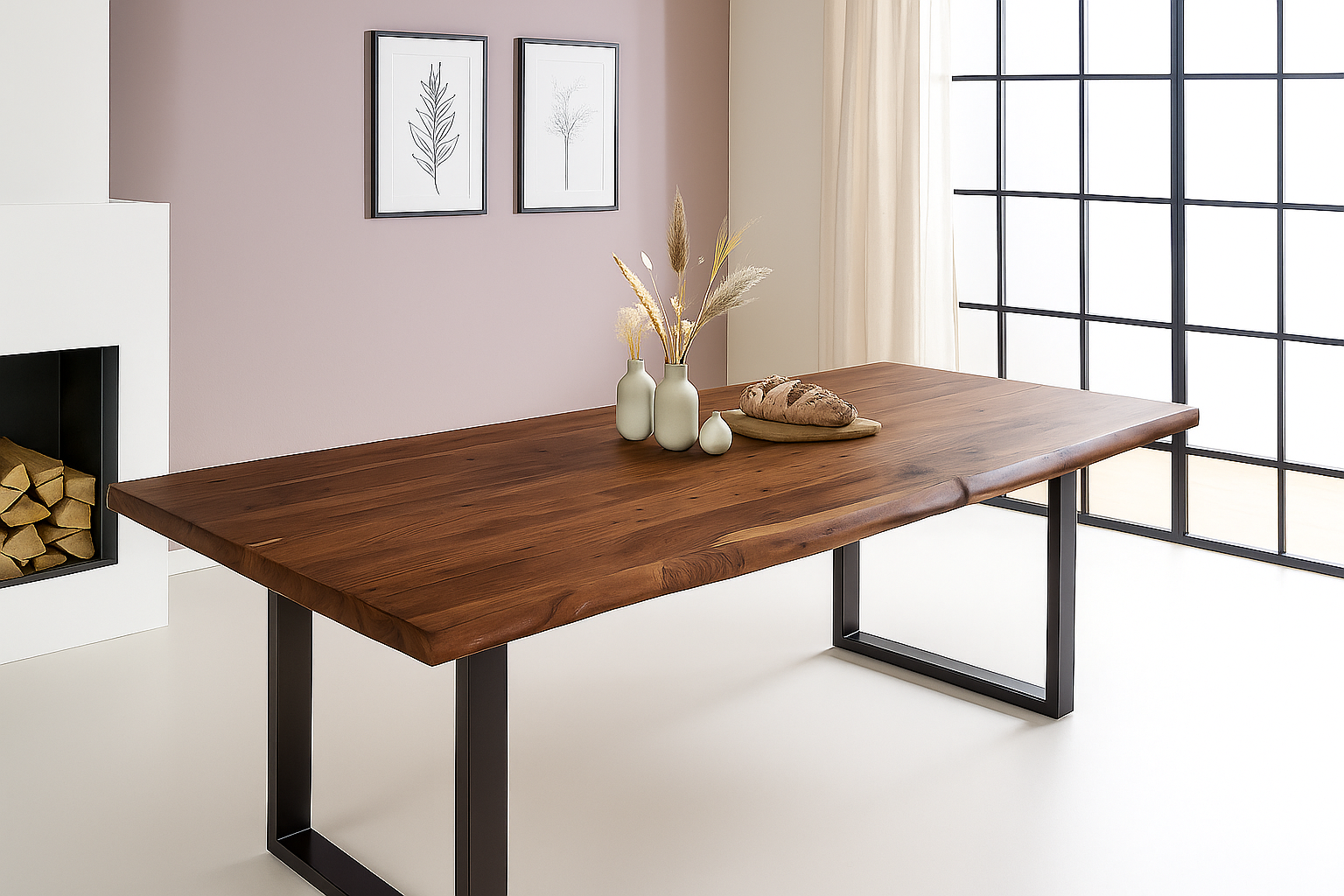 Esstisch Baumkante 280 x 110 cm Akazie Nussbaum U-Gestell schwarz VALIN