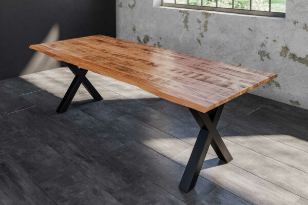 Baumkanten Essgruppe Mangoholz massiv 220 X-Gestell schwarz 7tlg. DORA
