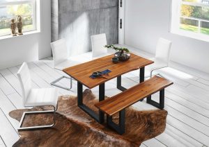 Baumkanten Essgruppe Akazie cognacfarben 160 cm U-Gestell schwarz 6tlg. ESRA