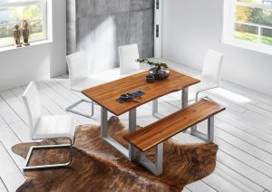Baumkanten Essgruppe Akazie cognacfarben 180 cm U-Gestell silber 6tlg. ESRA