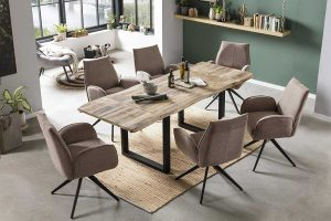 Baumkanten Essgruppe Mangoholz massiv 220(300)x100 cm schwarz U-Gestell 7tlg. NOAR II