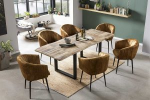 Baumkanten Essgruppe Mangoholz massiv 220(320)x100 cm schwarz U-Gestell 7tlg. NOAR I