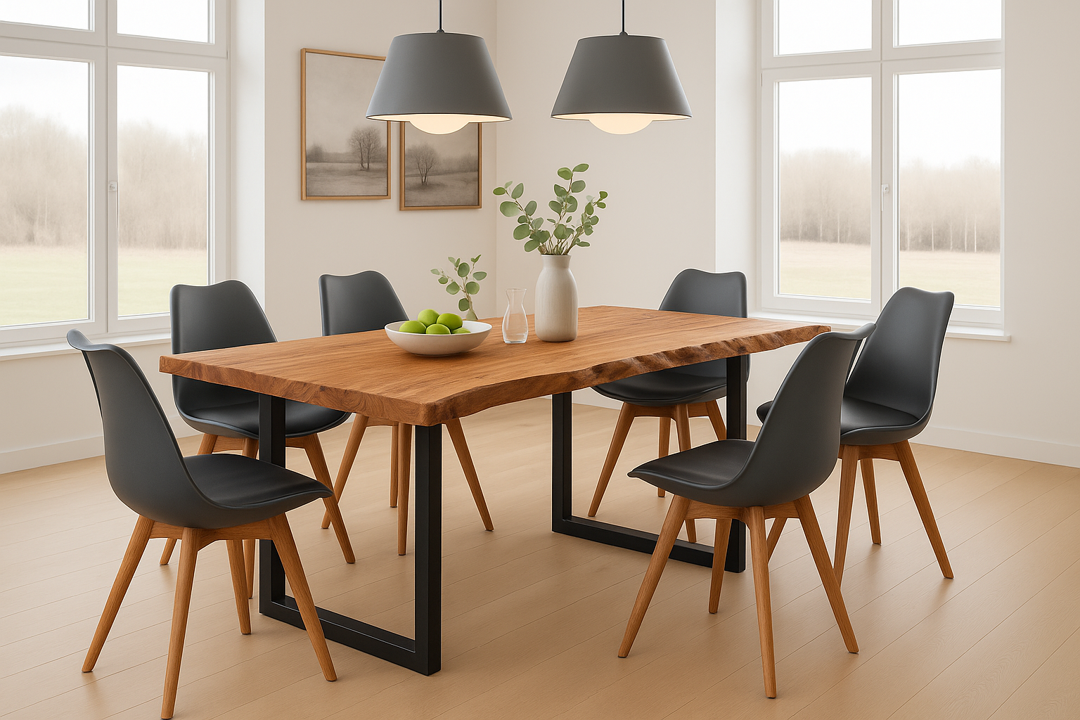 Essgruppe 7tlg. 180 x 90 cm Baumkante Akazie natur massiv 6x Schalenstühle Schwarz U-Gestell Schwarz QUINN