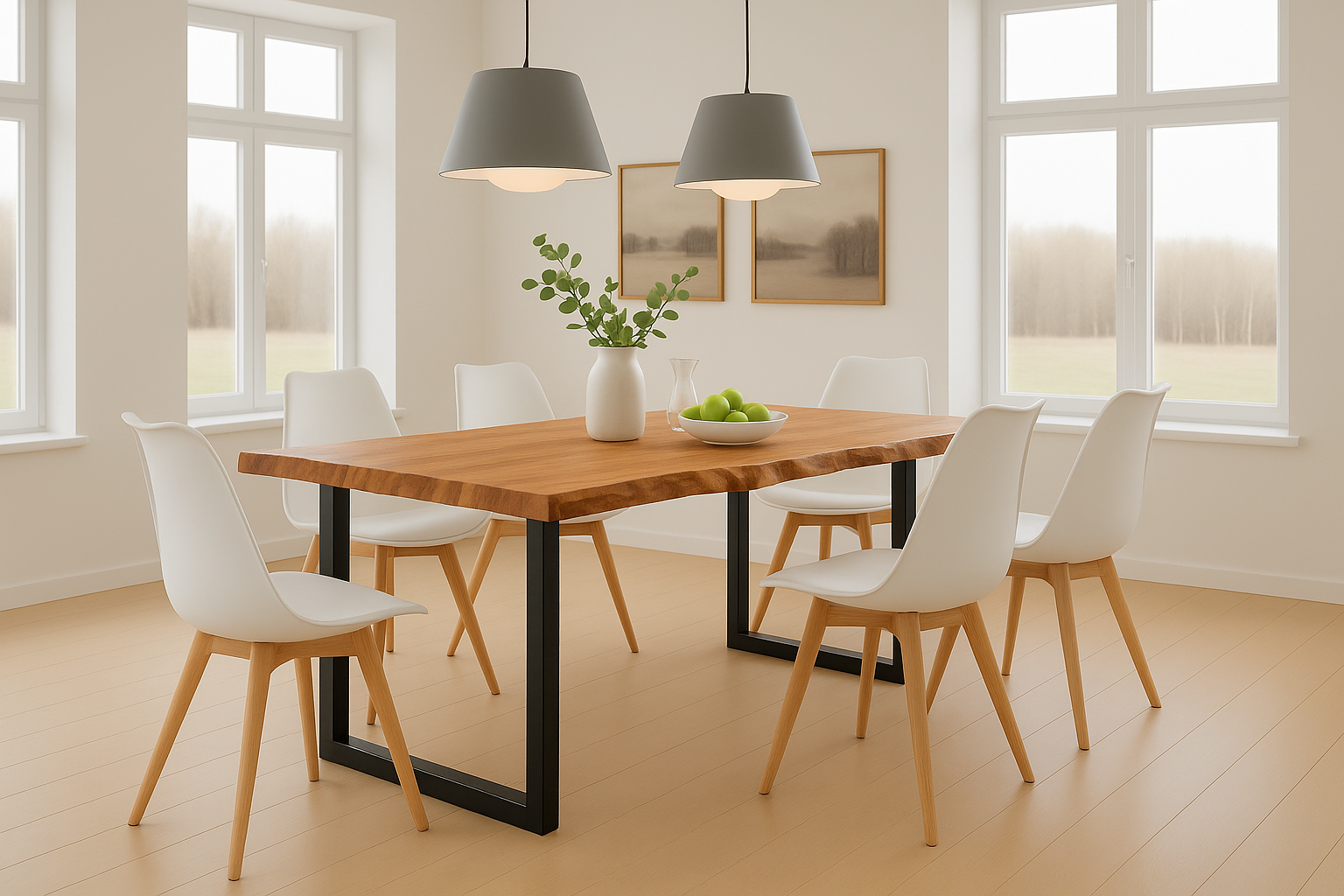 Essgruppe 7tlg. 220 x 100 cm Baumkante Akazie natur massiv 6x Schalenstühle Weiß U-Gestell Schwarz QUINN