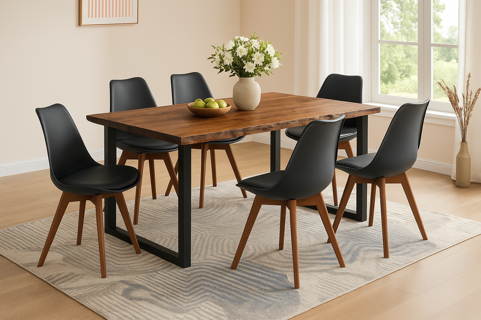 Essgruppe 7tlg. 180 x 90 cm Baumkante Akazie nussbaum massiv 6x Schalenstühle Schwarz U-Gestell Schwarz QUINN