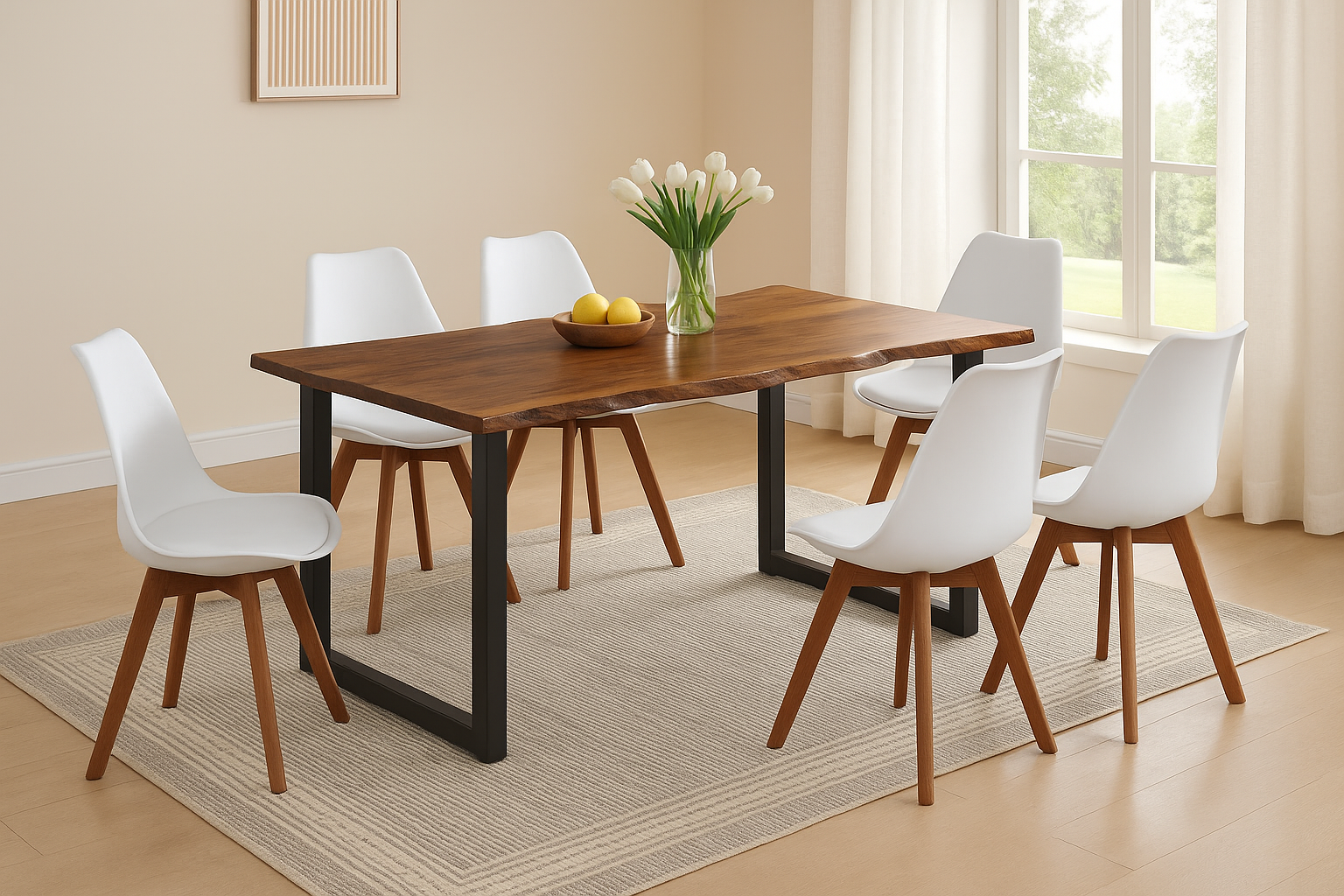Essgruppe 7tlg. 180 x 90 cm Baumkante Akazie nussbaum massiv 6x Schalenstühle Weiß U-Gestell Schwarz QUINN