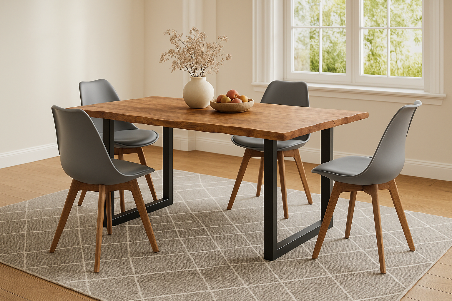 Essgruppe 5tlg. 140 x 80 cm Baumkante Akazie natur massiv 4x Schalenstühle Grau U-Gestell Schwarz QUINN