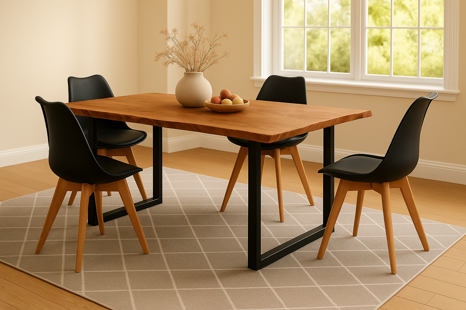 Essgruppe 5tlg. 140 x 80 cm Baumkante Akazie natur massiv 4x Schalenstühle Schwarz U-Gestell Schwarz QUINN