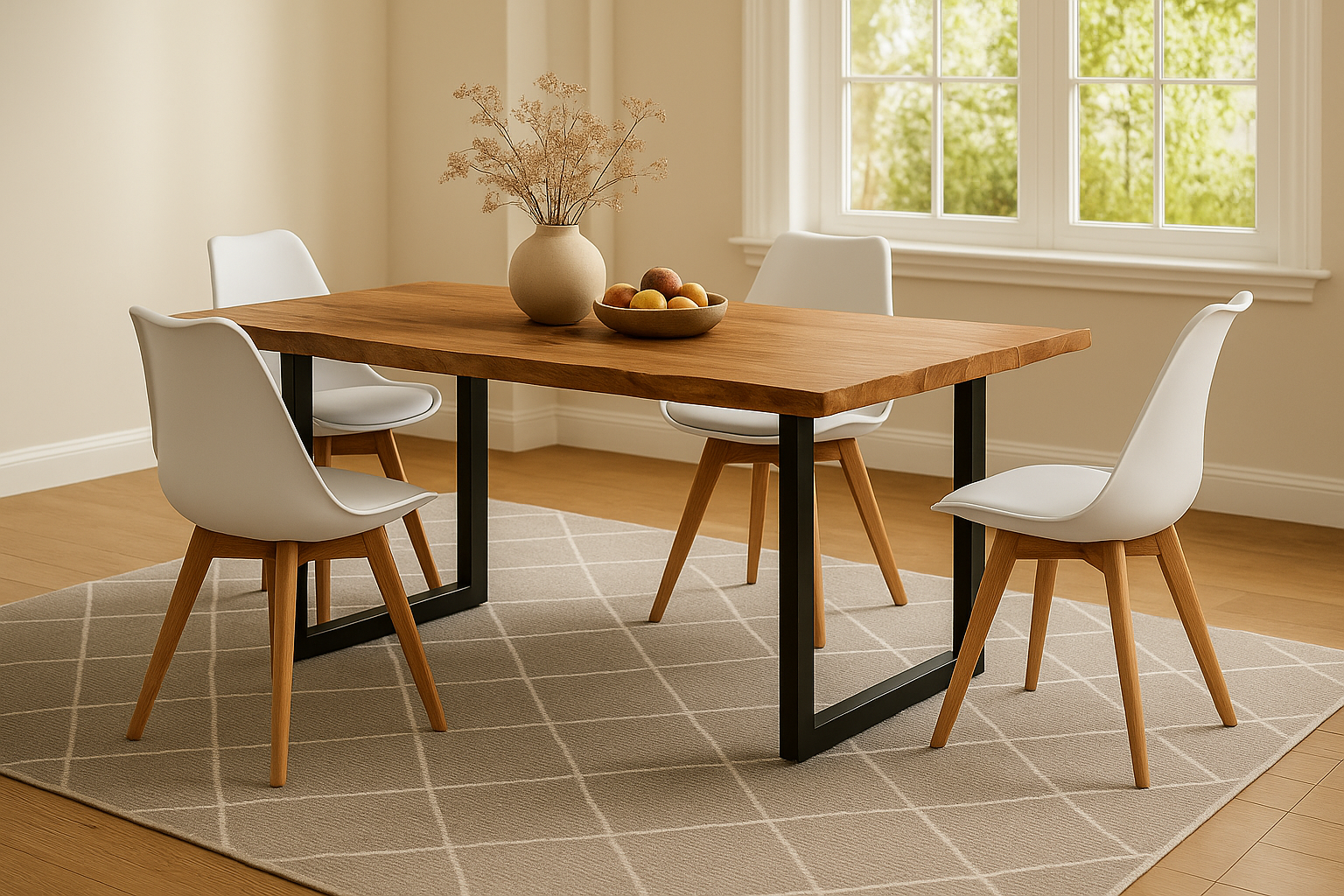 Essgruppe 5tlg. 140 x 80 cm Baumkante Akazie natur massiv 4x Schalenstühle Weiß U-Gestell Schwarz QUINN