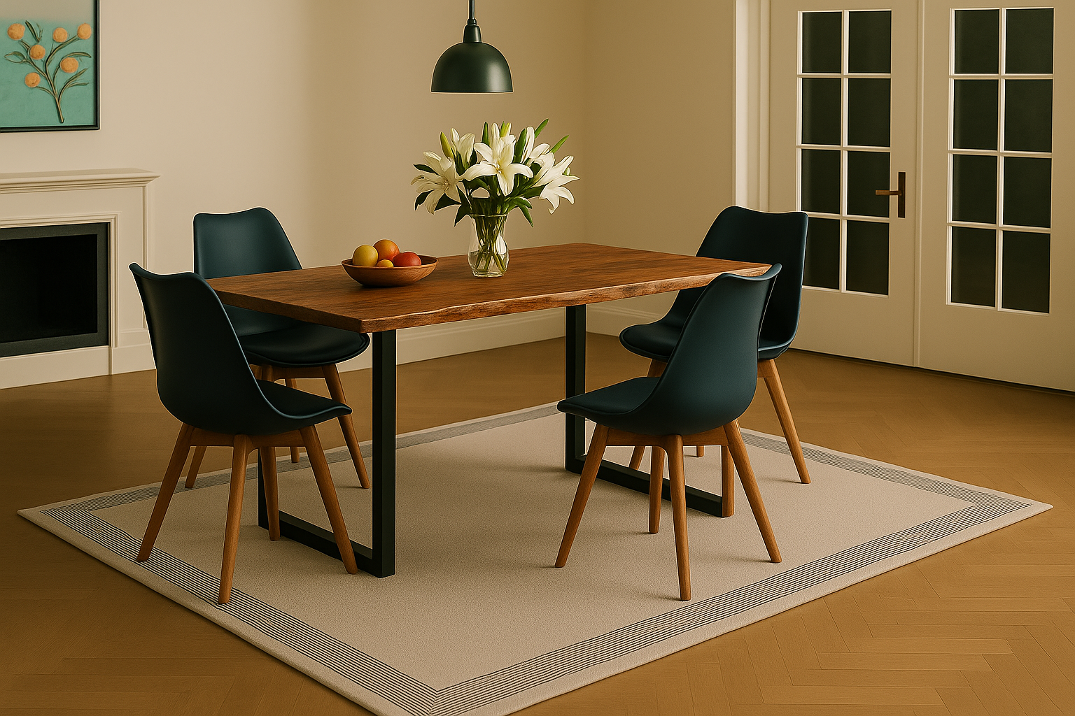 Essgruppe 5tlg. 140 x 80 cm Baumkante Akazie nussbaum massiv 4x Schalenstühle Schwarz U-Gestell Schwarz QUINN