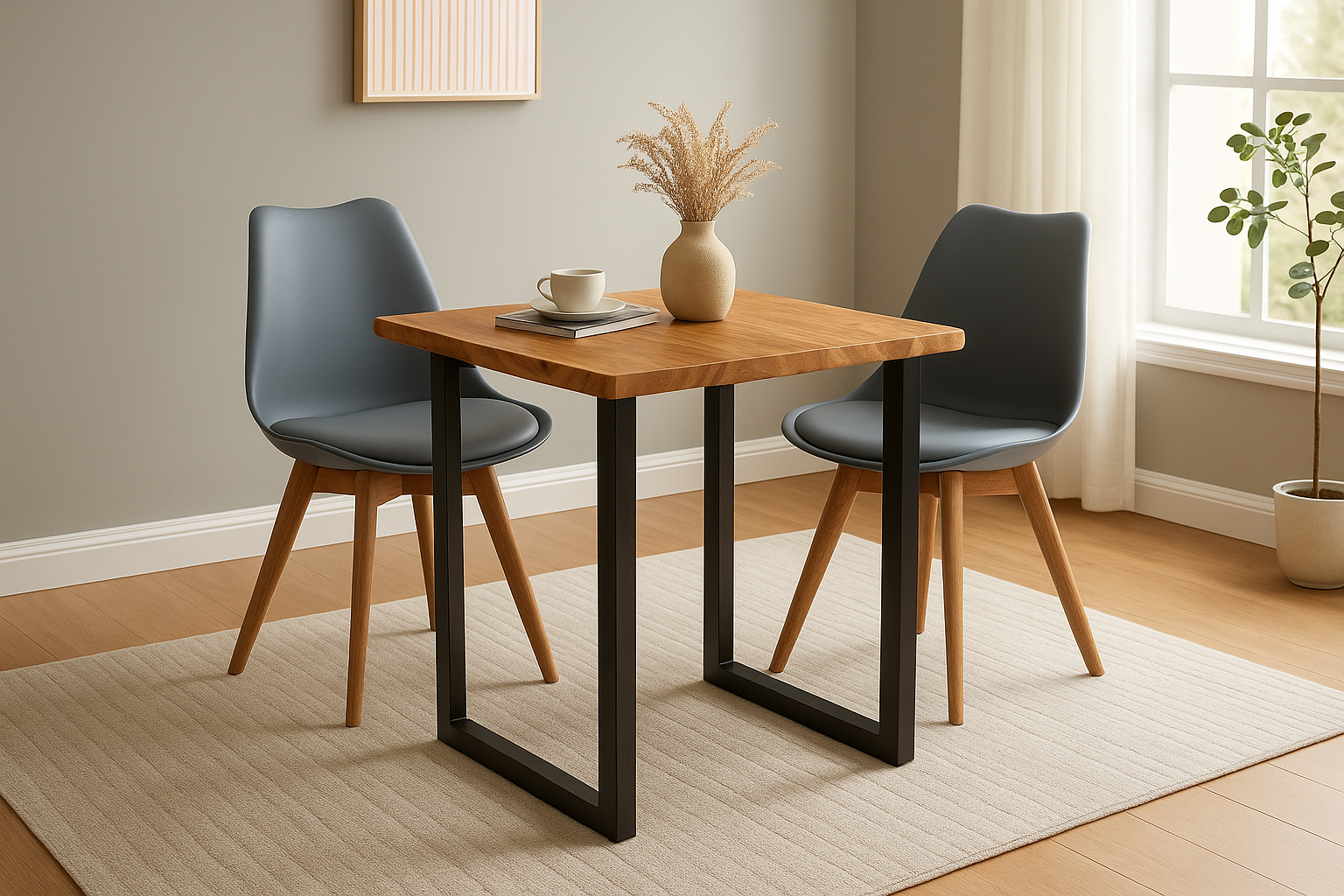 Essgruppe 3tlg. 80 x 80 cm Baumkante Akazie natur massiv 2x Schalenstühle Grau U-Gestell Schwarz QUINN