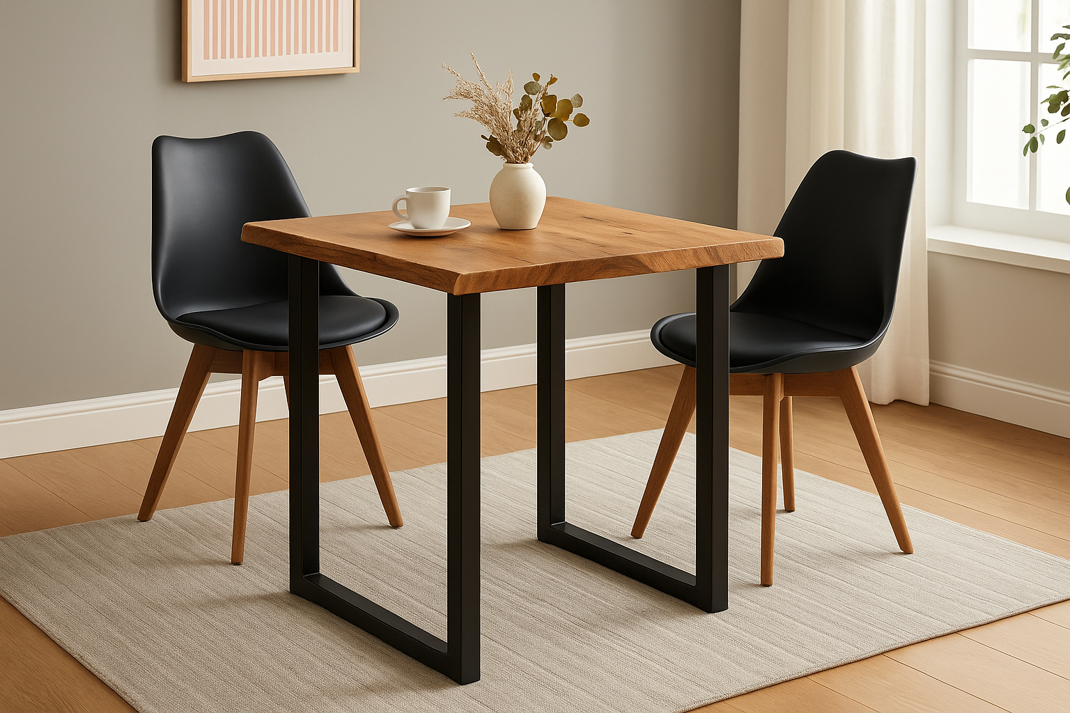 Essgruppe 3tlg. 80 x 80 cm Baumkante Akazie natur massiv 2x Schalenstühle Schwarz U-Gestell Schwarz QUINN