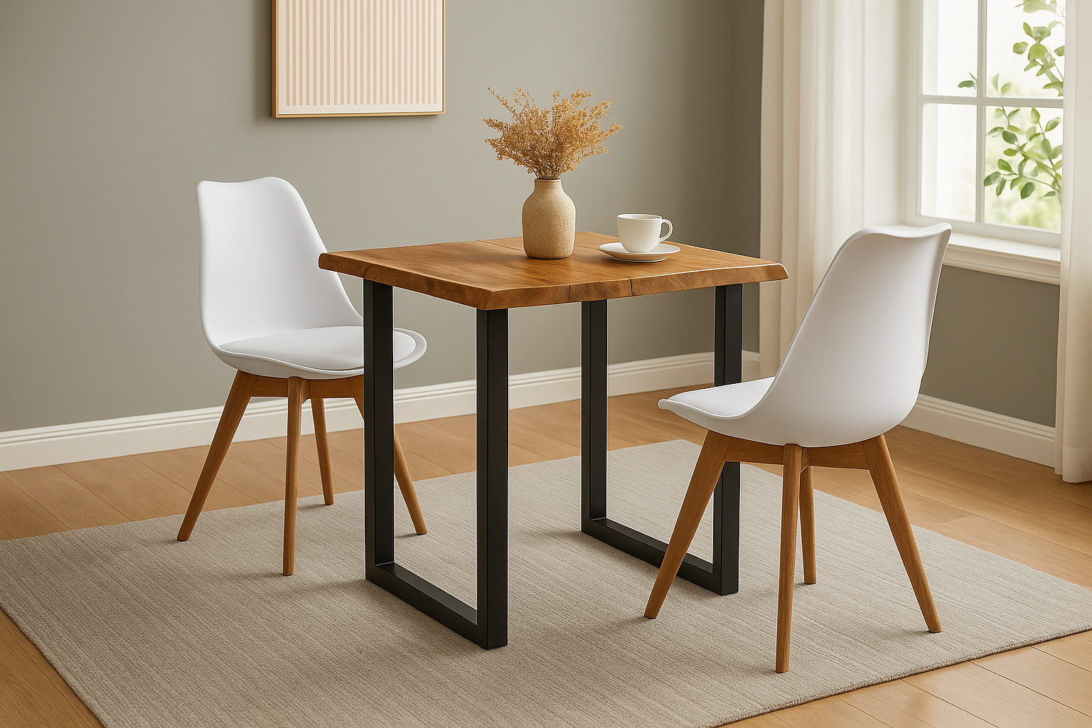 Essgruppe 3tlg. 80 x 80 cm Baumkante Akazie natur massiv 2x Schalenstühle Weiß U-Gestell Schwarz QUINN