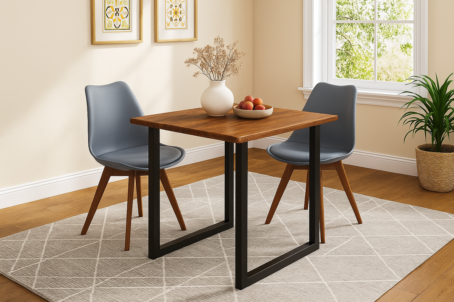 Essgruppe 3tlg. 80 x 80 cm Baumkante Akazie nussbaum massiv 2x Schalenstühle Grau U-Gestell Schwarz QUINN