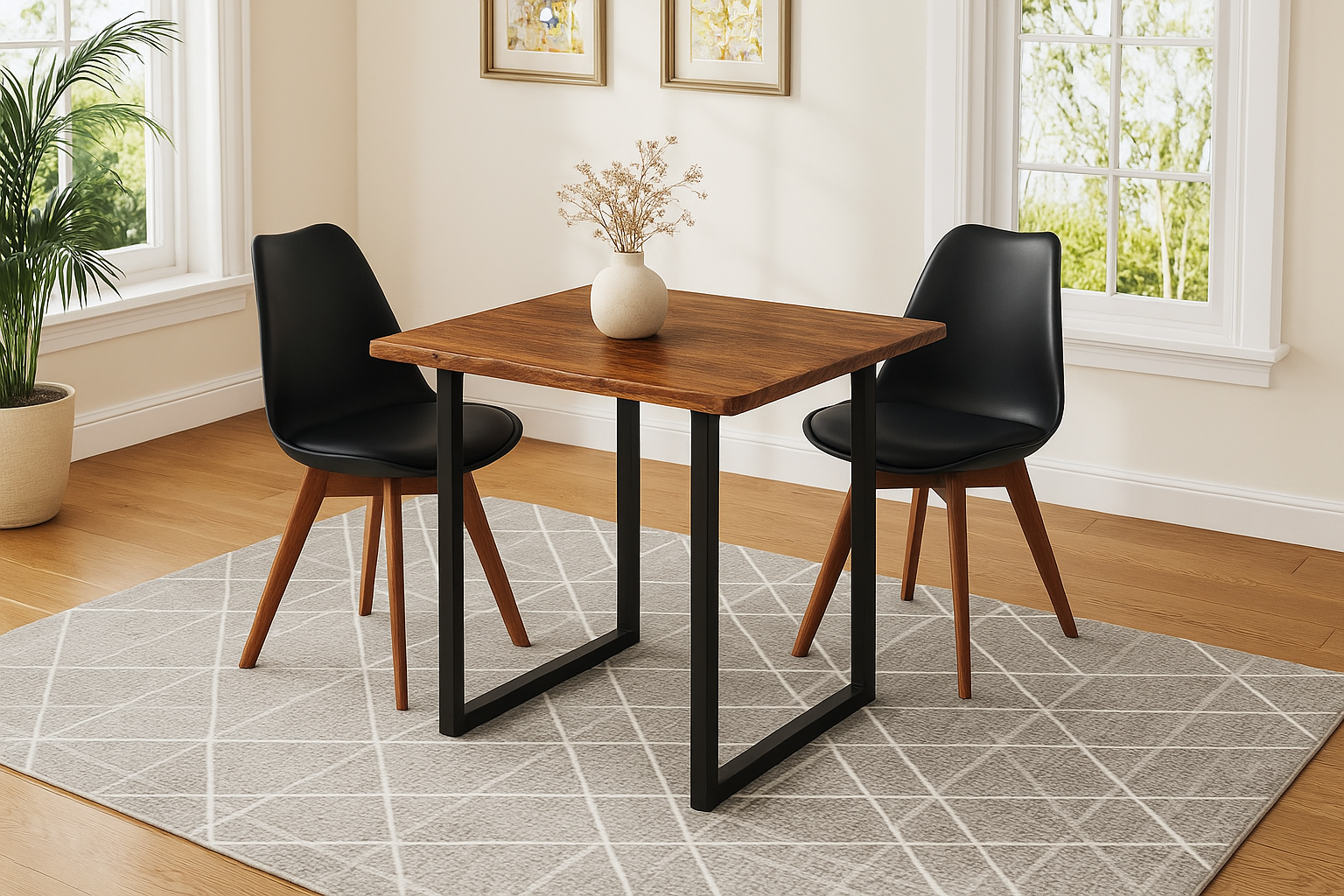 Essgruppe 3tlg. 80 x 80 cm Baumkante Akazie nussbaum massiv 2x Schalenstühle Schwarz U-Gestell Schwarz QUINN