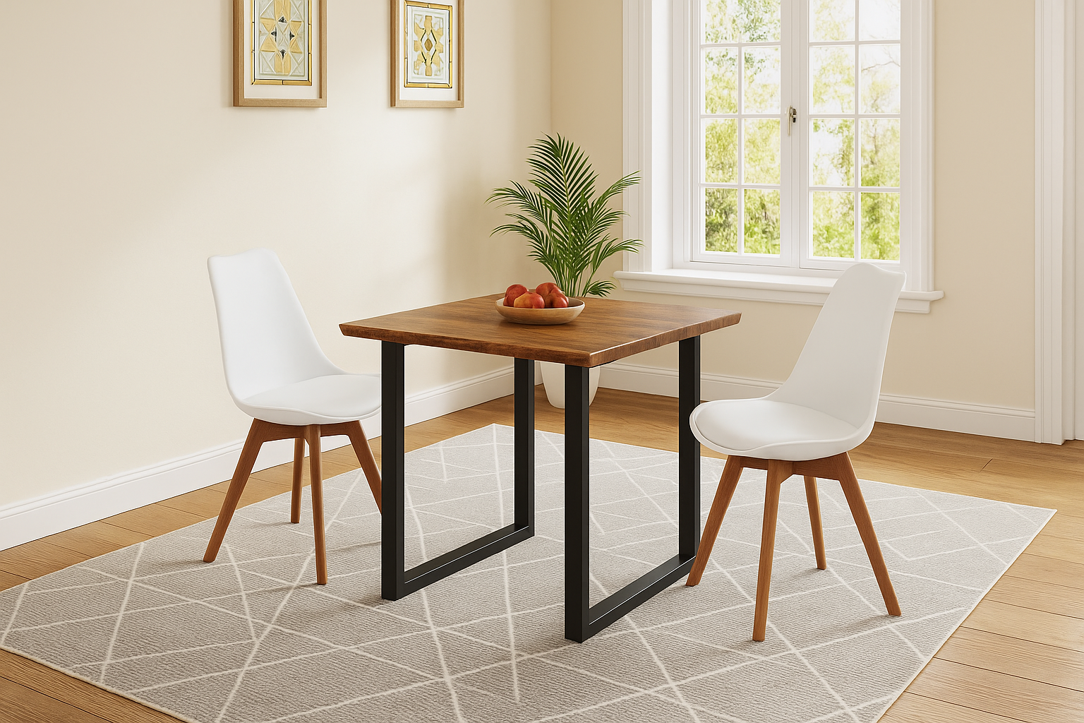 Essgruppe 3tlg. 80 x 80 cm Baumkante Akazie nussbaum massiv 2x Schalenstühle Weiß U-Gestell Schwarz QUINN