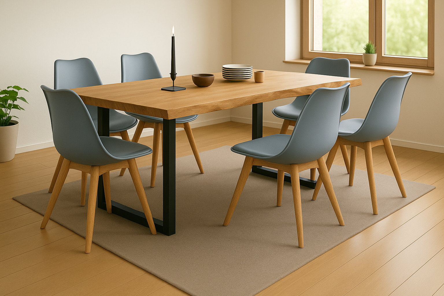 Tischgruppe 7tlg. 220 x 100 cm Baumkante Eiche massiv 6x Schalenstühle Grau U-Gestell Schwarz SERRA