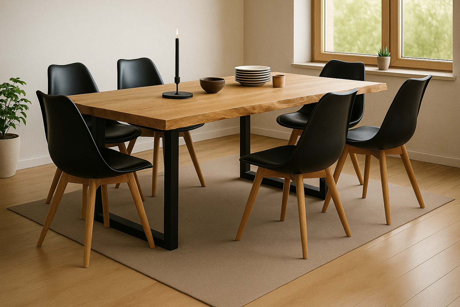 Tischgruppe 7tlg. 160 x 85 cm Baumkante Eiche massiv 6x Schalenstühle Schwarz U-Gestell Schwarz SERRA