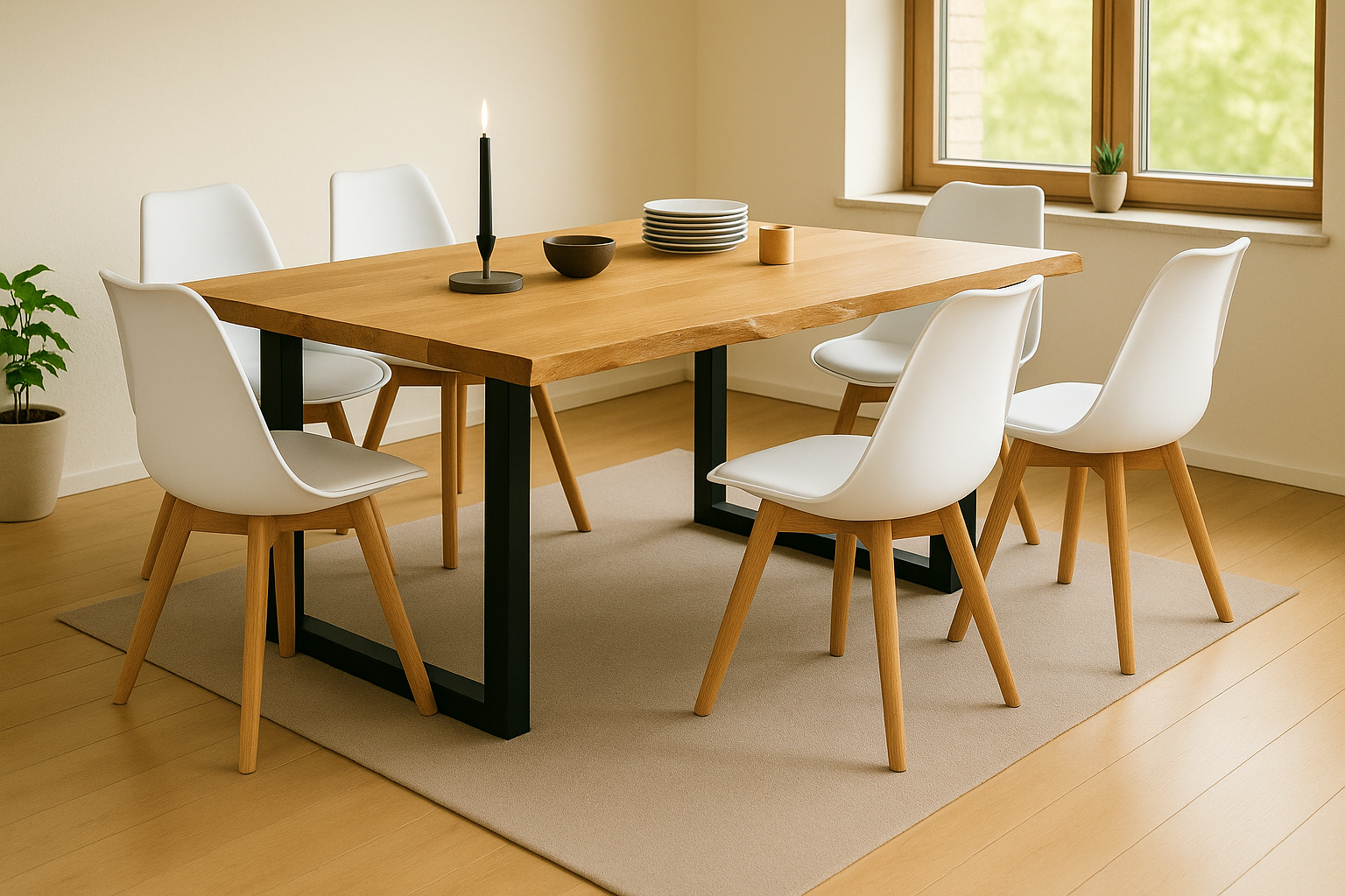 Tischgruppe 7tlg. 220 x 100 cm Baumkante Eiche massiv 6x Schalenstühle Weiß U-Gestell Schwarz SERRA