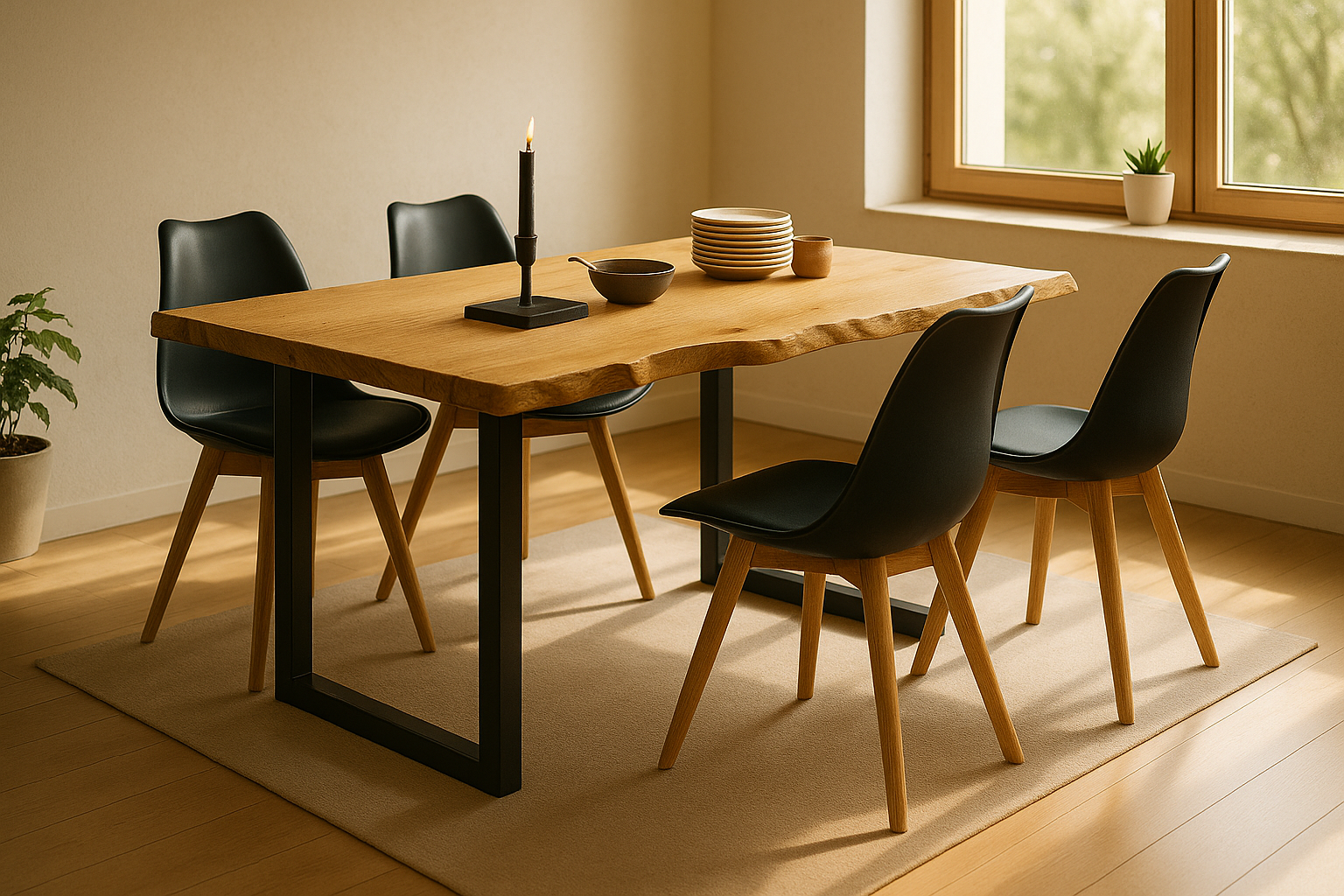 Tischgruppe 5tlg. 140 x 80 cm Baumkante Eiche massiv 4x Schalenstühle Schwarz U-Gestell Schwarz SERRA