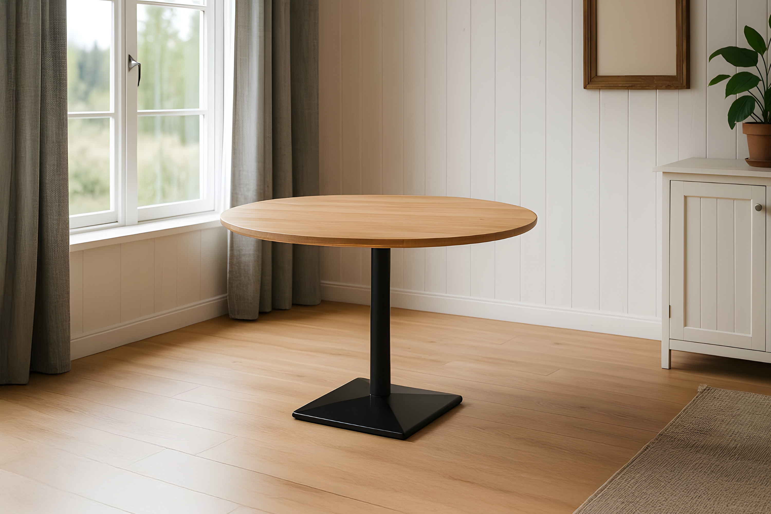 Bistrotisch rund mit Schweizer Kante Akazienholz natur massiv 120 cm Säulengestell schwarz BRASILIA