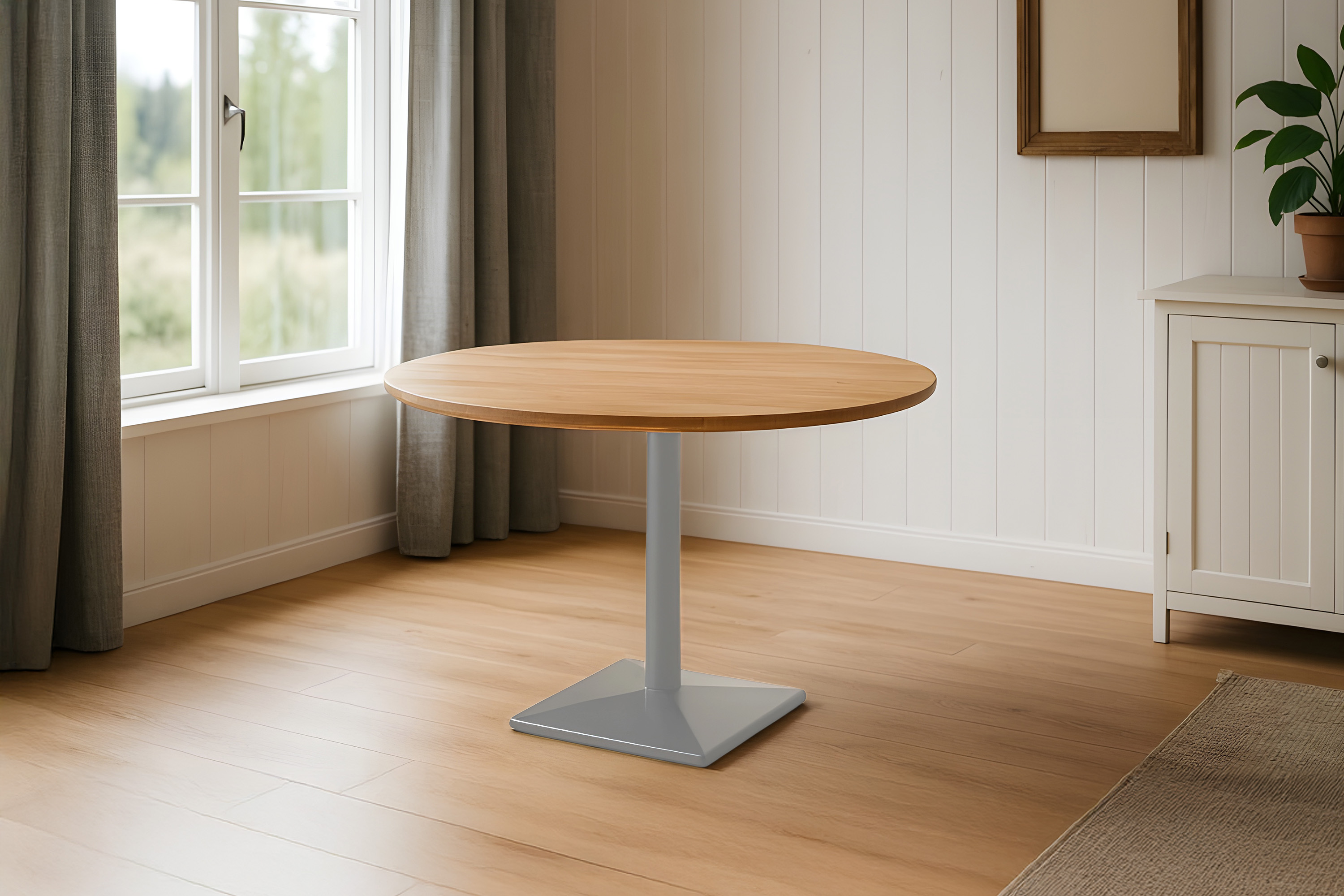 Bistrotisch rund mit Schweizer Kante Akazienholz natur massiv 110 cm Säulengestell silber BRASILIA