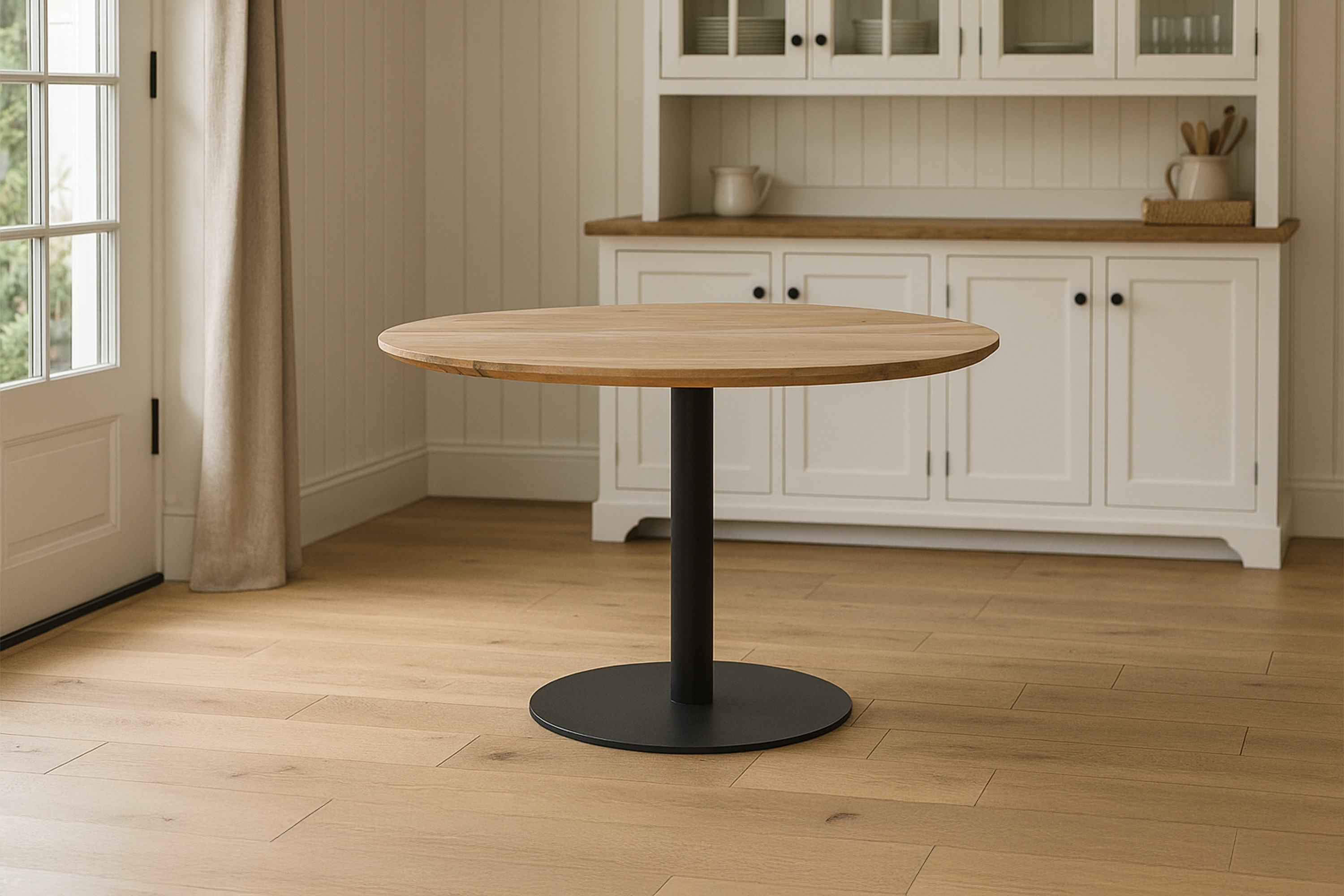 Bistrotisch rund mit Schweizer Kante Akazienholz natur massiv 120 cm Säulengestell schwarz BRASILIAN