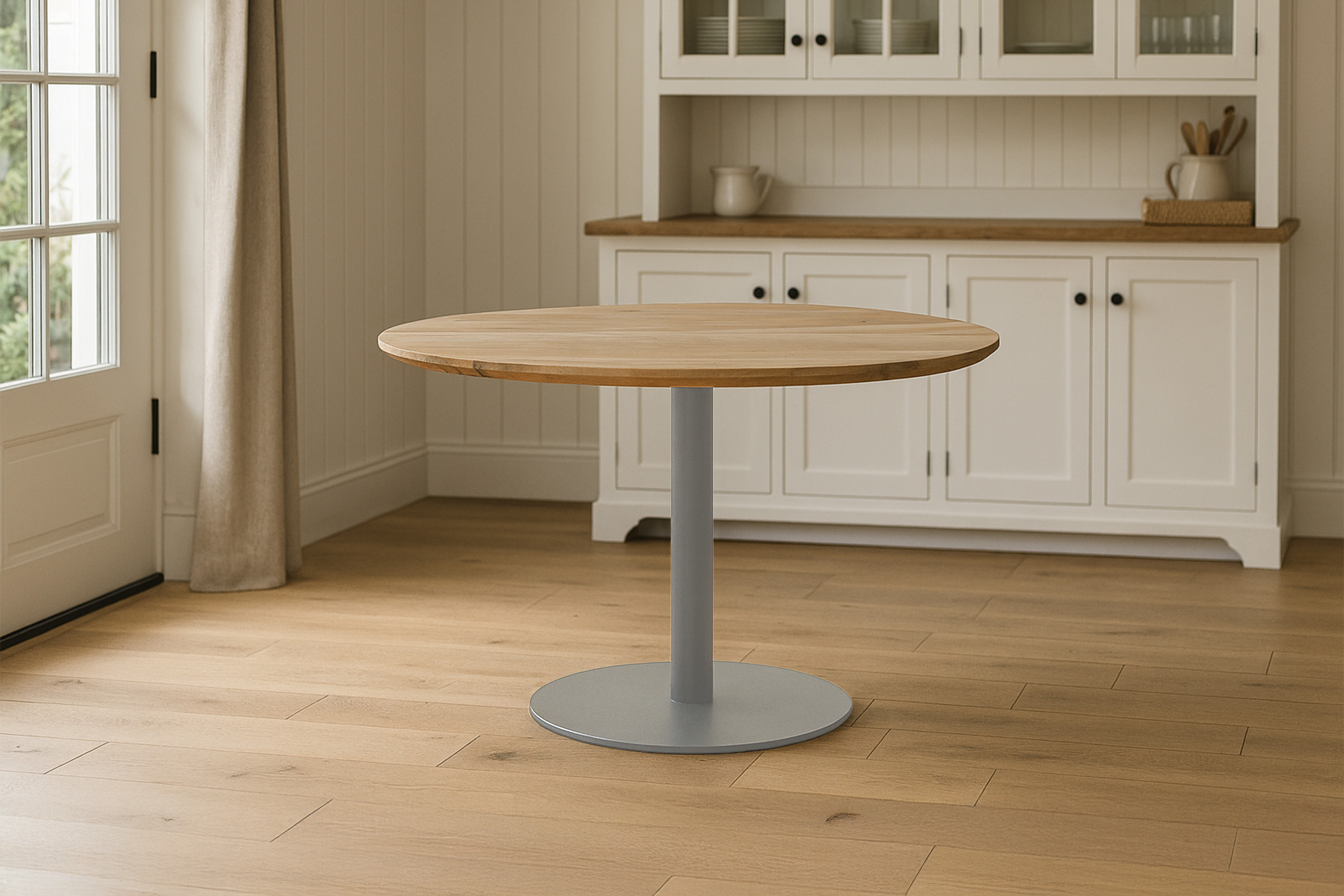 Bistrotisch rund mit Schweizer Kante Akazienholz natur massiv 120 cm Säulengestell silber BRASILIAN