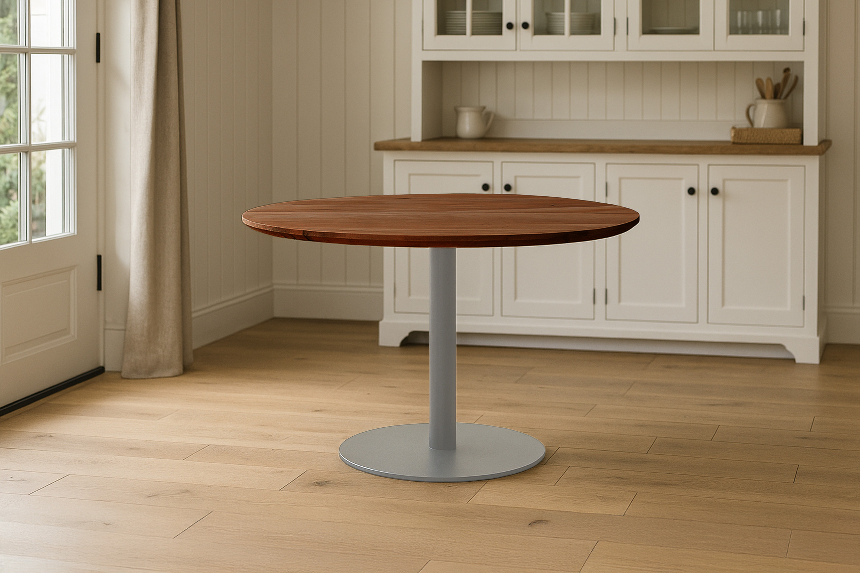 Bistrotisch rund mit Schweizer Kante Akazienholz nussbaum massiv 110 cm Säulengestell silber BRASILIAN