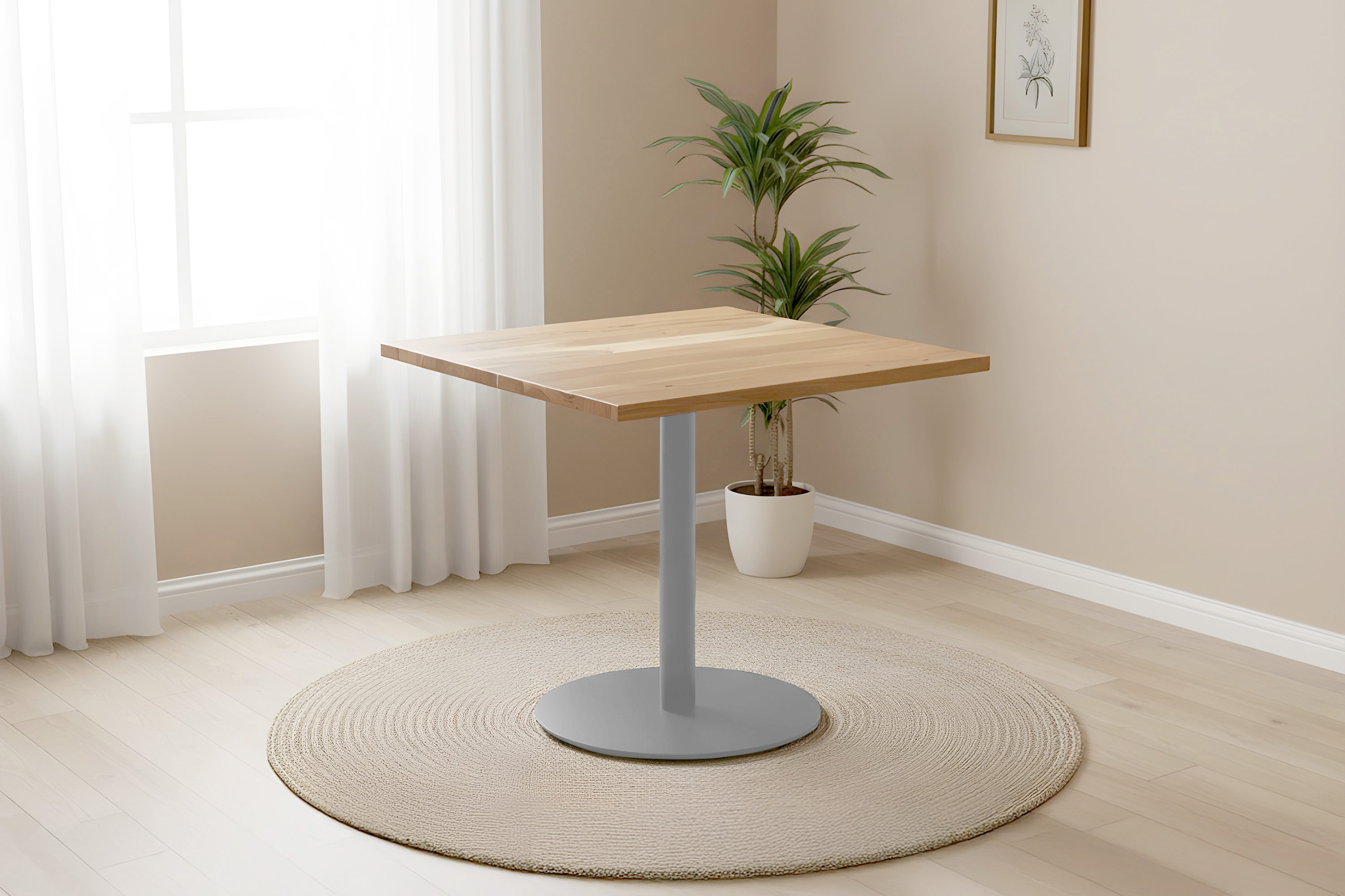 Bistrotisch eckig Runde Kante 90 x 90 cm Akazienholz natur massiv Säulengestell-rund silber EMILE