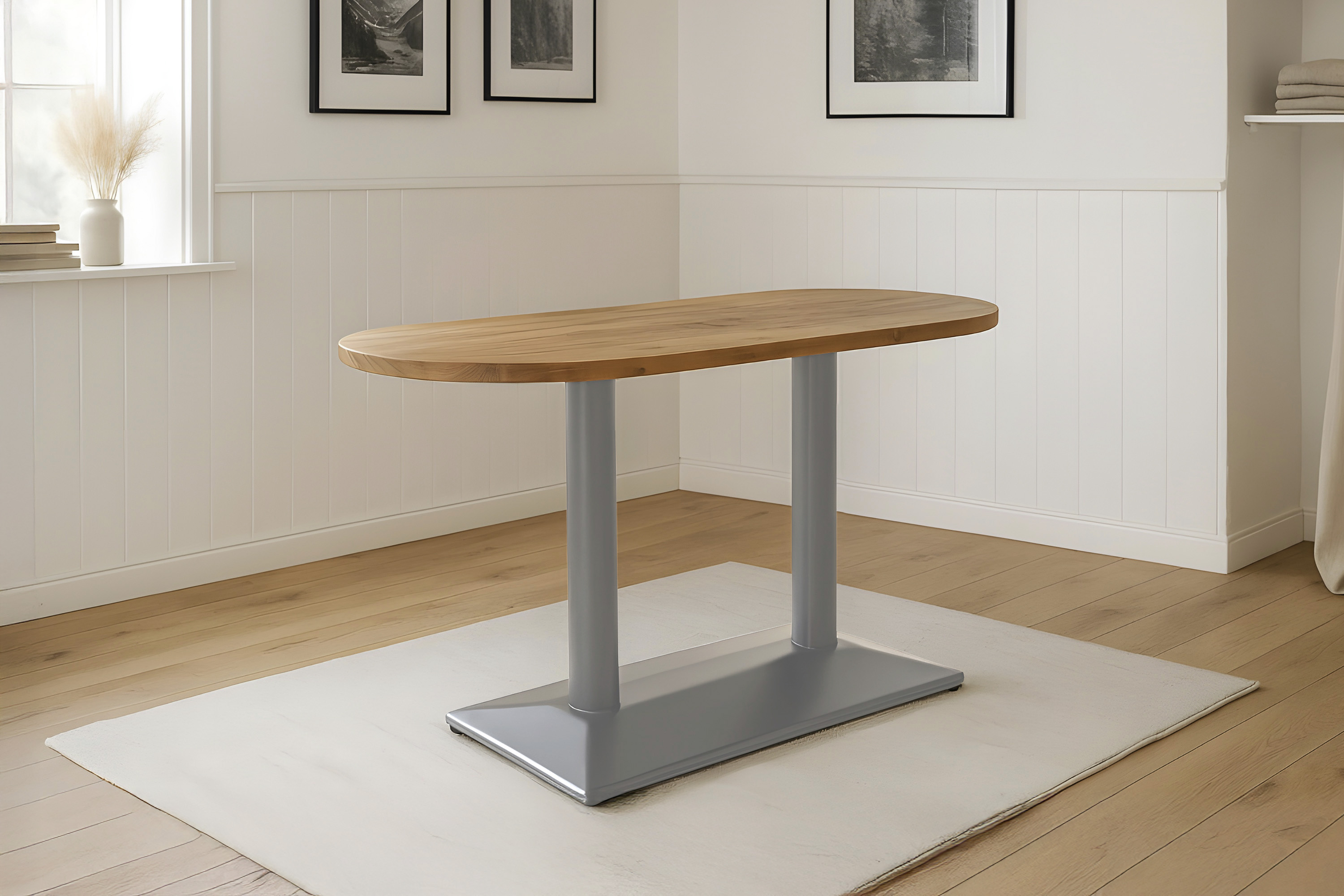 Bistrotisch oval 110 x 50 cm Akazienholz natur massiv Doppel-Säulengestell silber EMILIAN