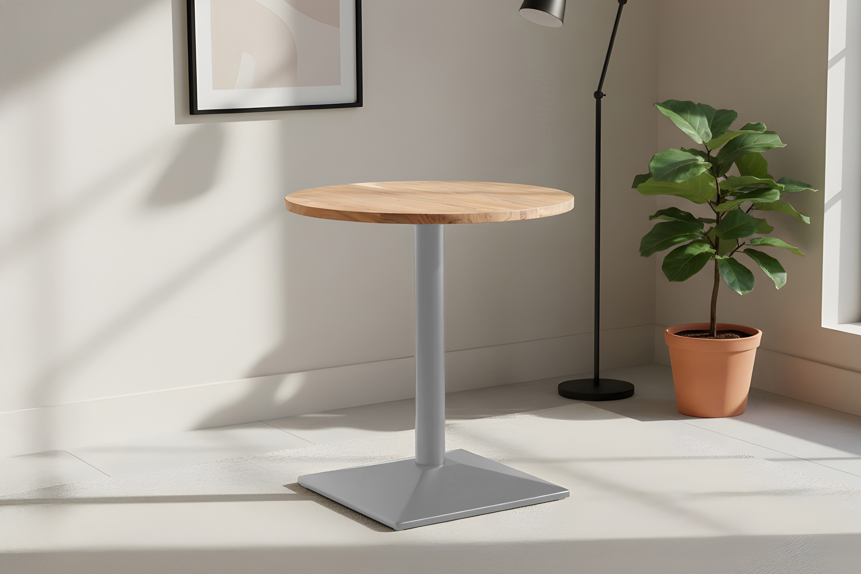 Bistrotisch rund 70 x 70 cm Akazienholz natur massiv Säulengestell-eckig silber EMILIO