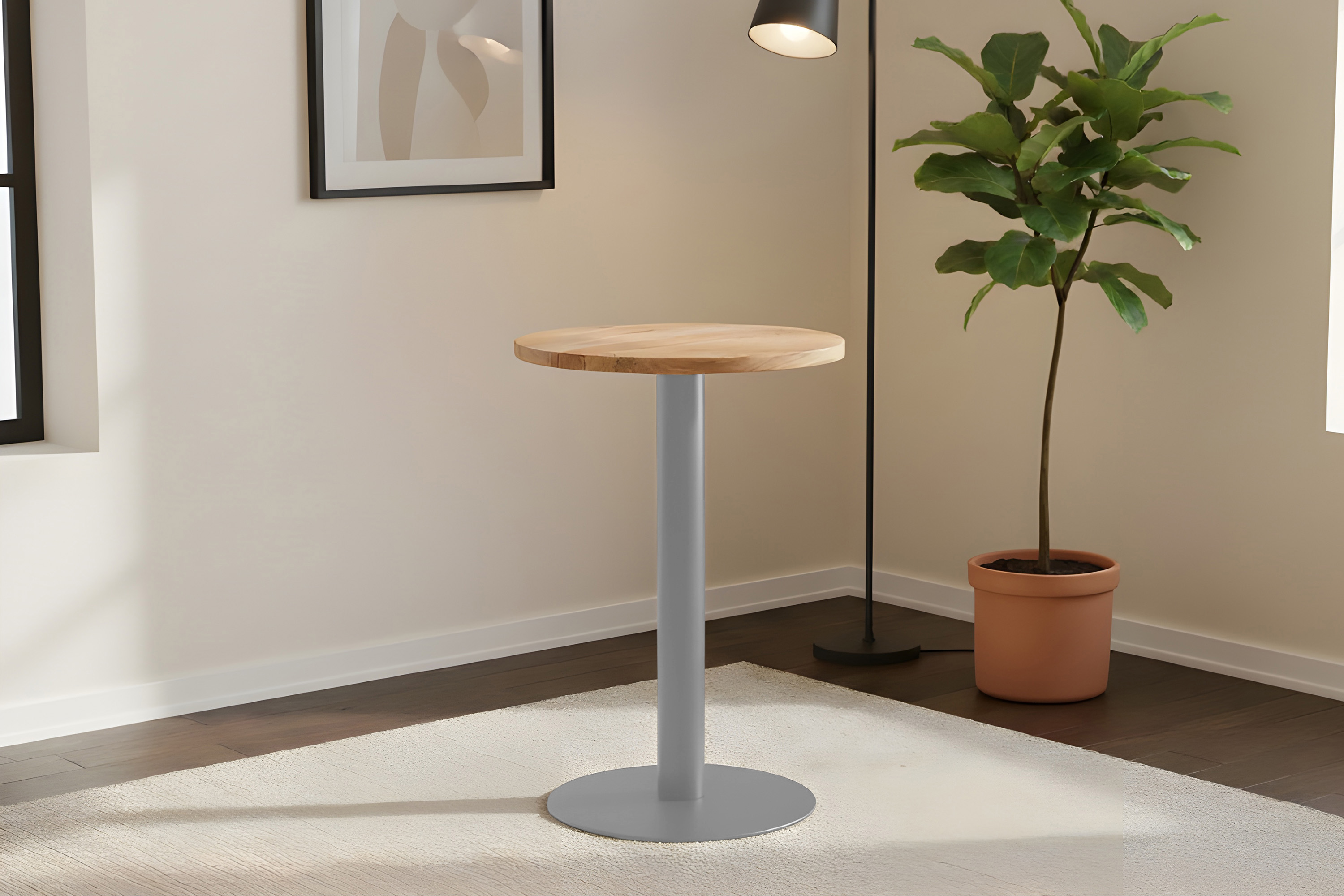 Bistrotisch rund 60 x 60 cm Akazienholz natur massiv Säulengestell-rund silber EMILIO