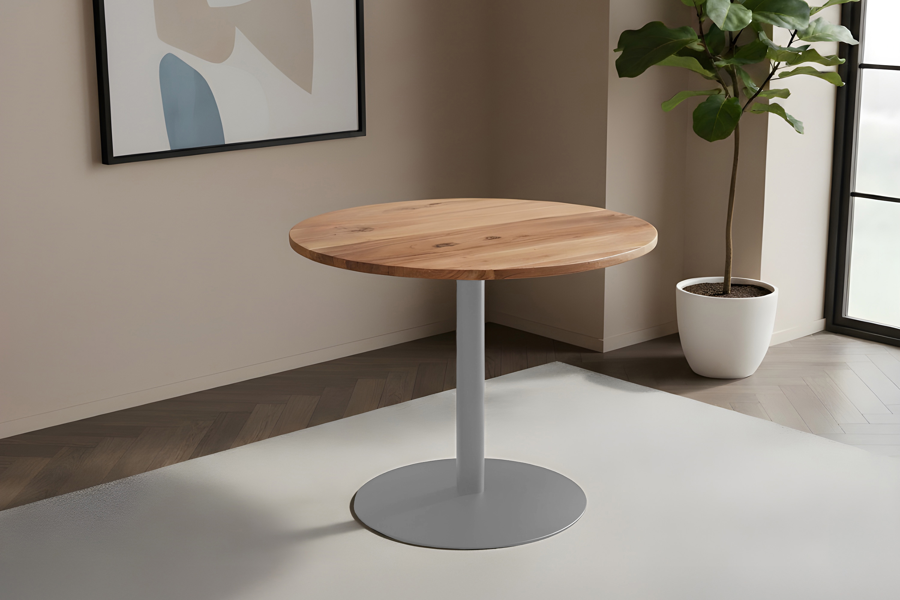 Bistrotisch rund 90 x 90 cm Akazienholz natur massiv Säulengestell-rund silber EMILIO