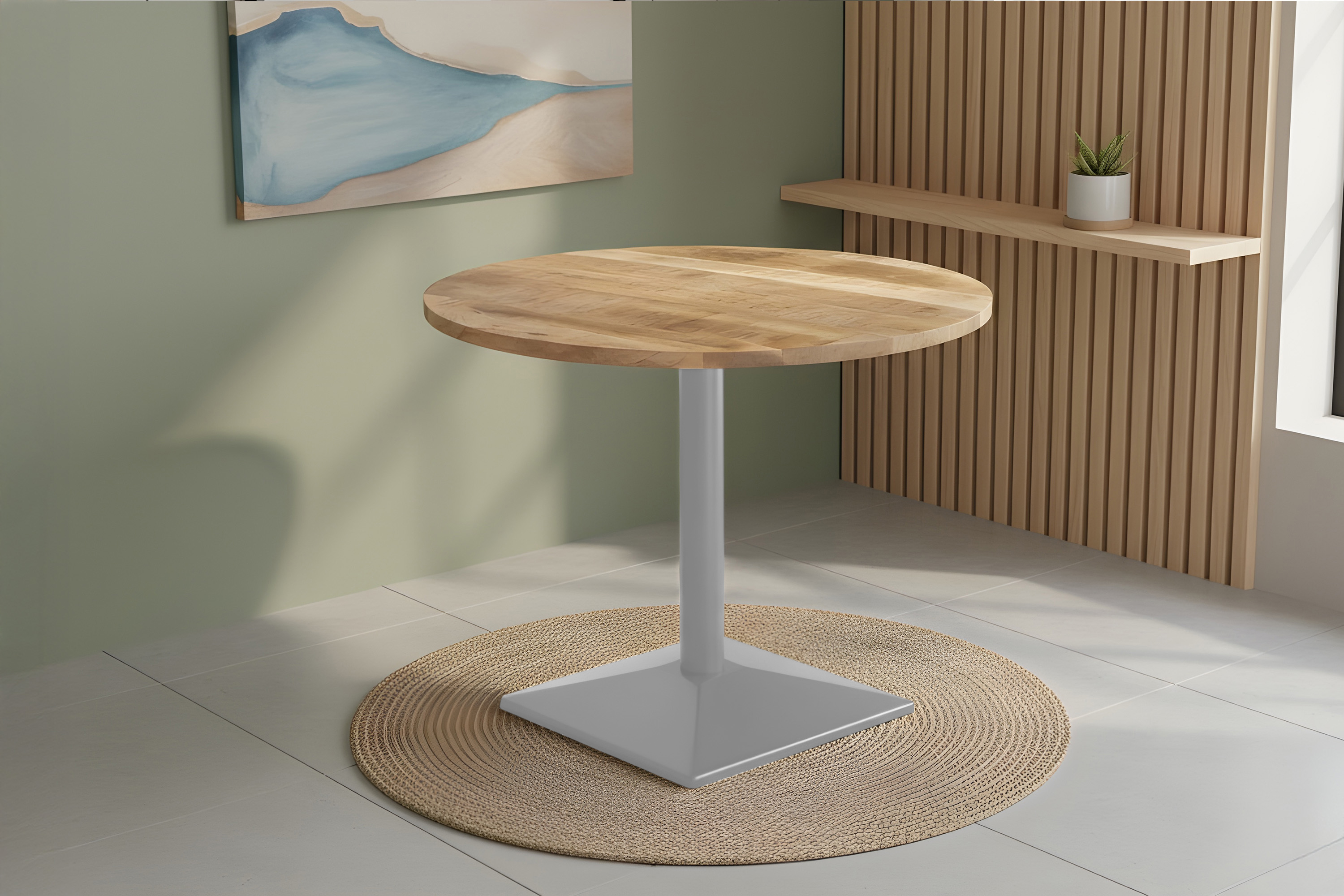 Bistrotisch rund 90 x 90 cm Mangoholz massiv Säulengestell-eckig silber EMILIO