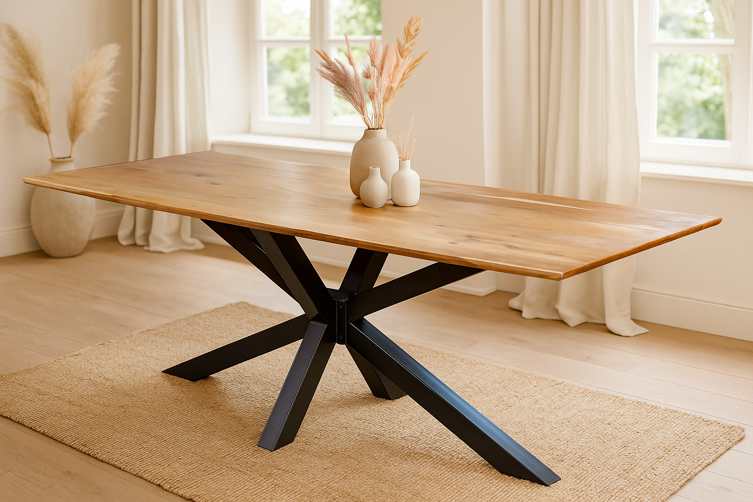 Esstisch 200x100cm Akazie massiv natur Schweizer Kante Spider-Gestell schwarz ABBY
