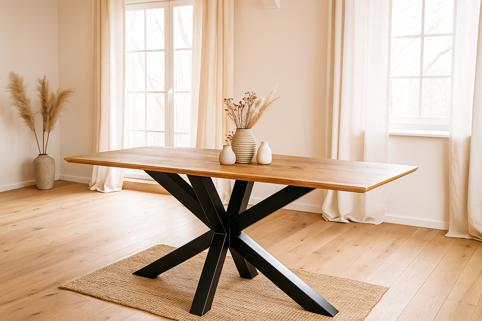 Esstisch 160x85cm Akazie massiv natur Schweizer Kante Spider-Gestell schwarz ABBY