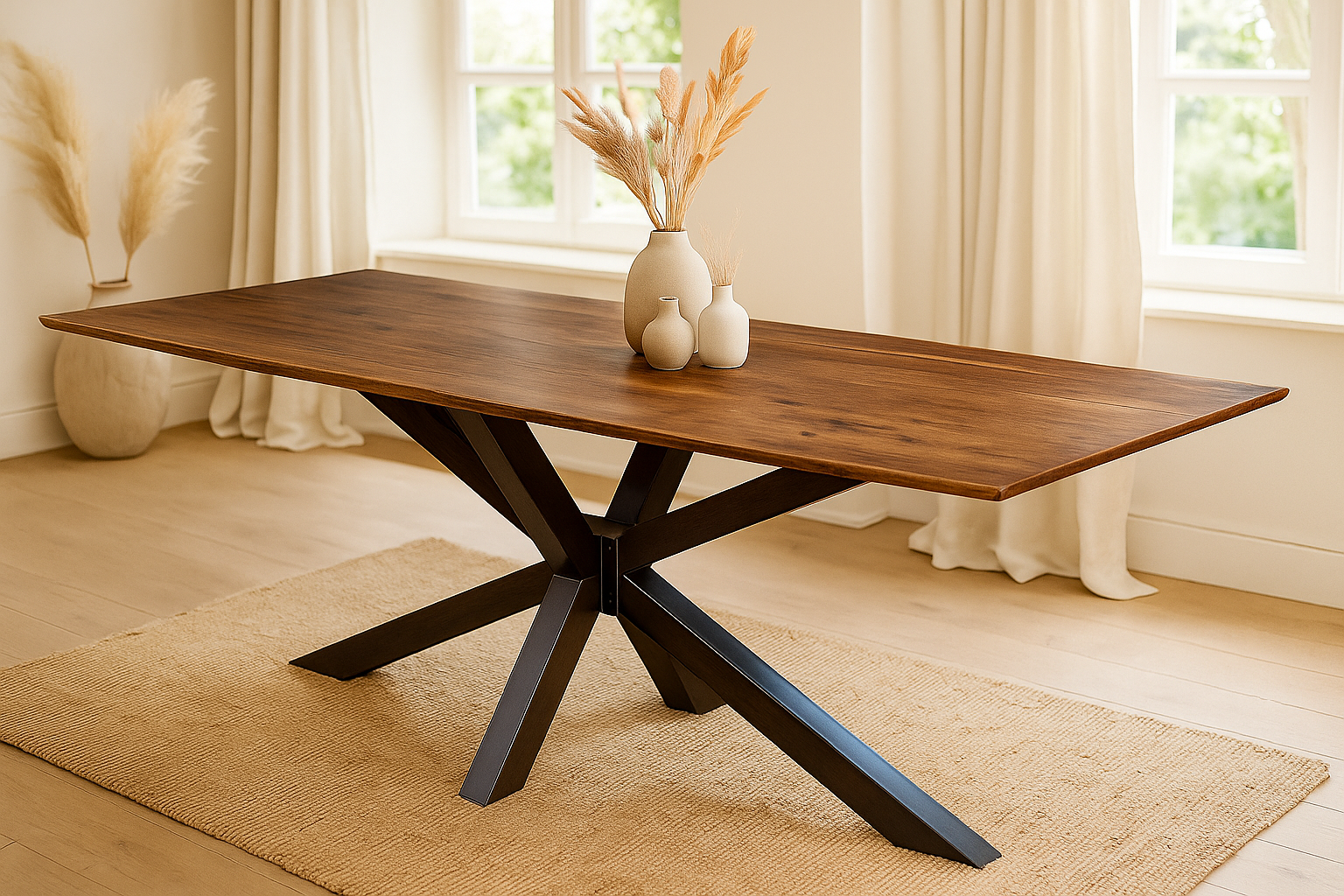 Esstisch 200x100cm Akazie massiv nussbaum Schweizer Kante Spider-Gestell schwarz ABBY