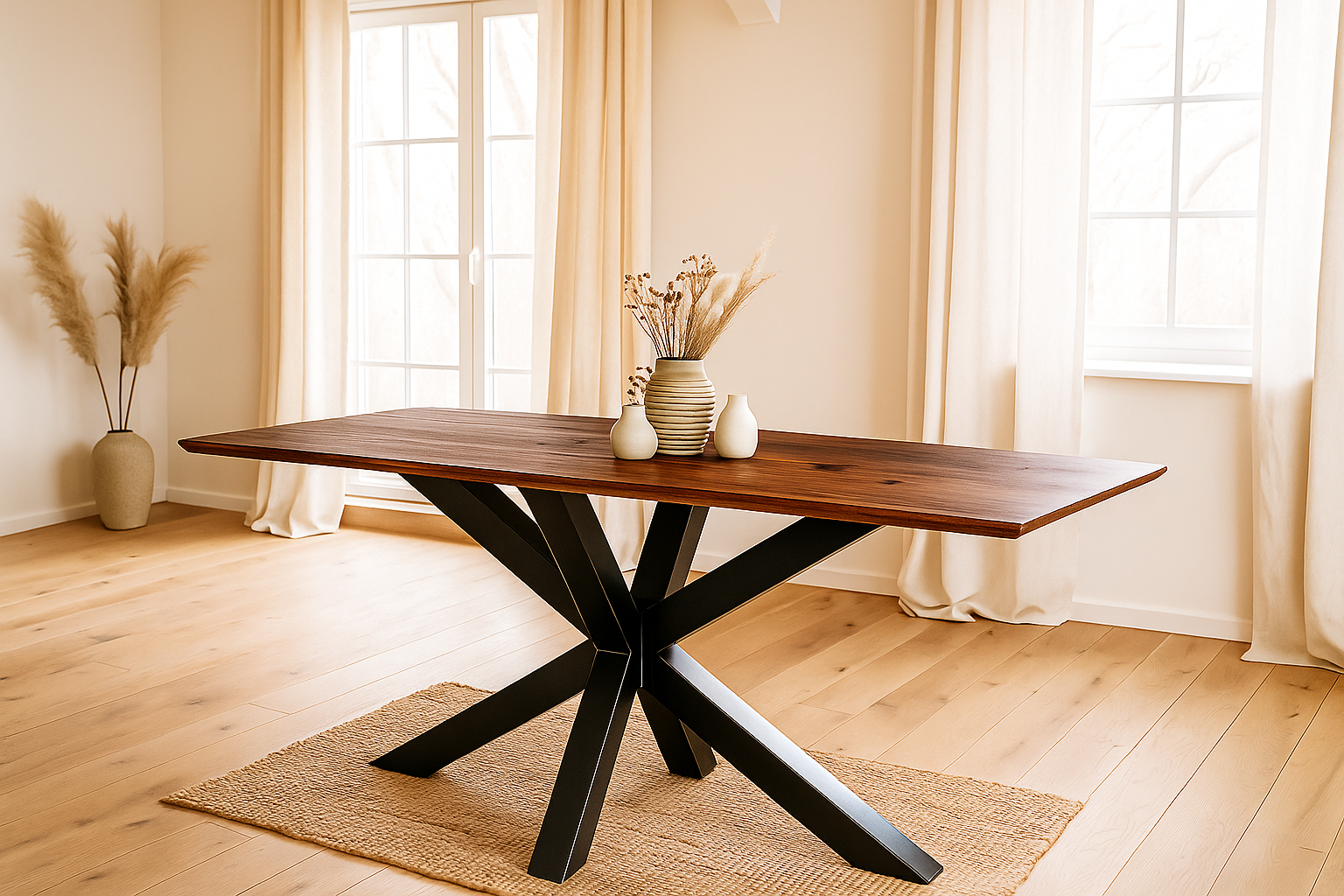 Esstisch 160x85cm Akazie massiv nussbaum Schweizer Kante Spider-Gestell schwarz ABBY