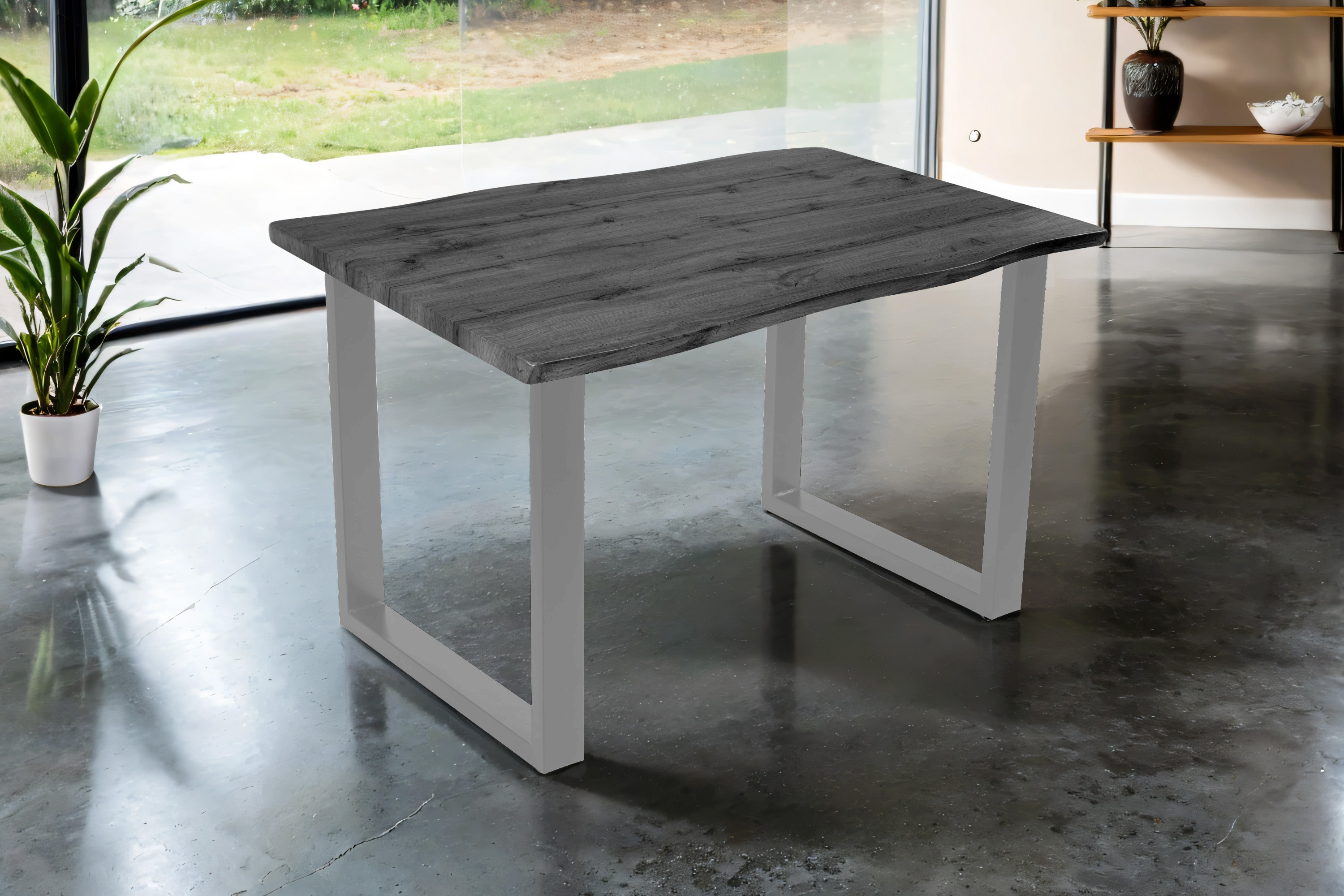 Esstisch 120x80 cm Baumkante Holz Grau-Optik U-Gestell Metall silber JOSY