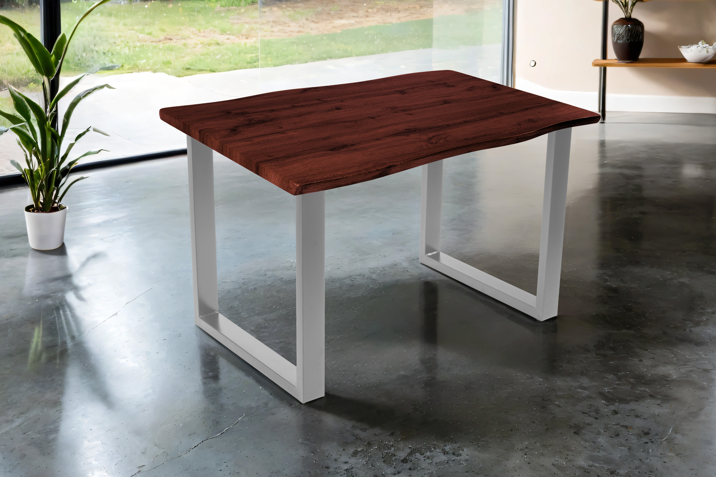 Esstisch 120x80 cm Baumkante Holz Nussbaum-Optik U-Gestell Metall silber JOSY