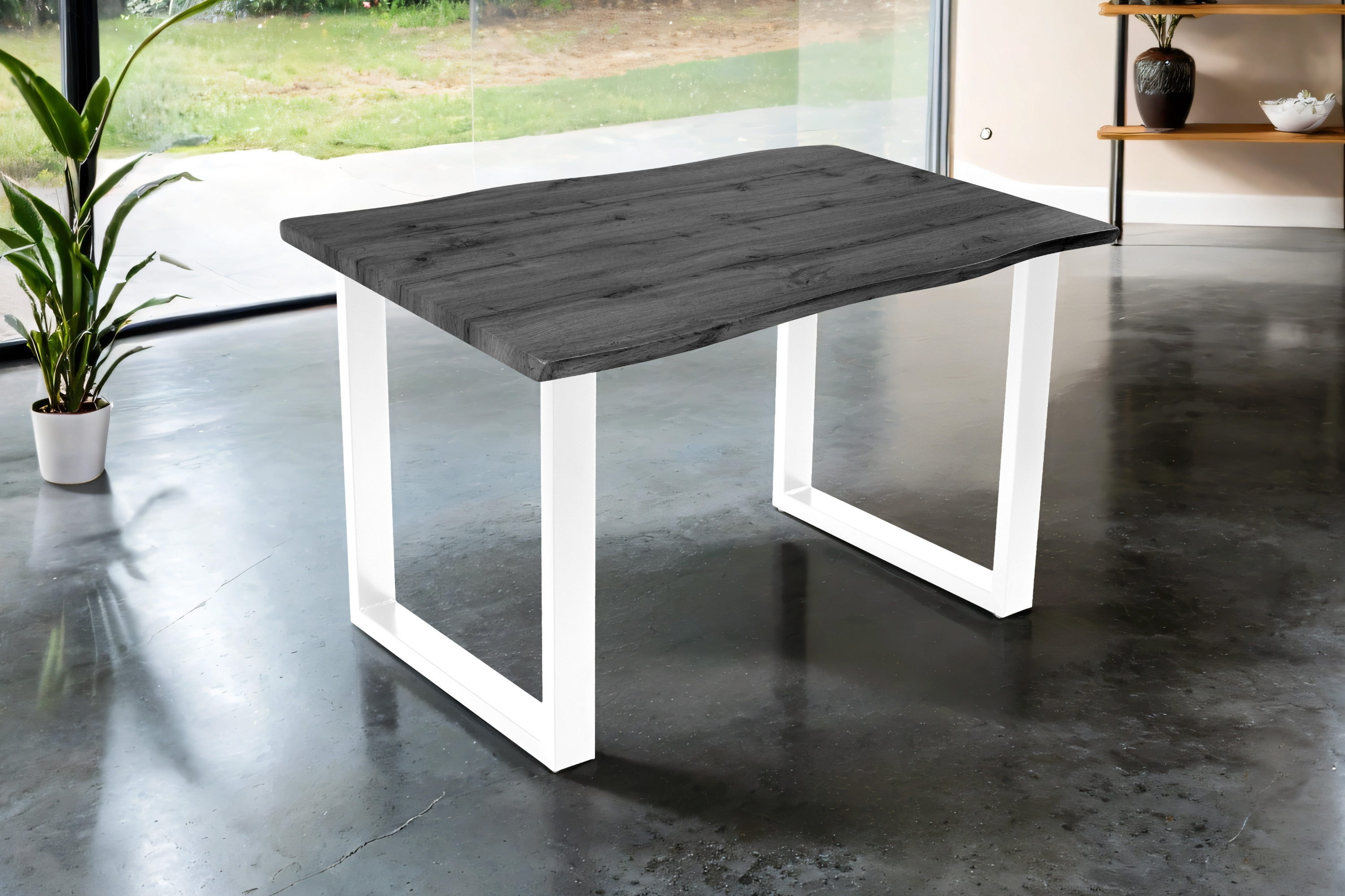 Esstisch 140x80 cm Baumkante Holz Grau-Optik U-Gestell Metall weiß JOSY