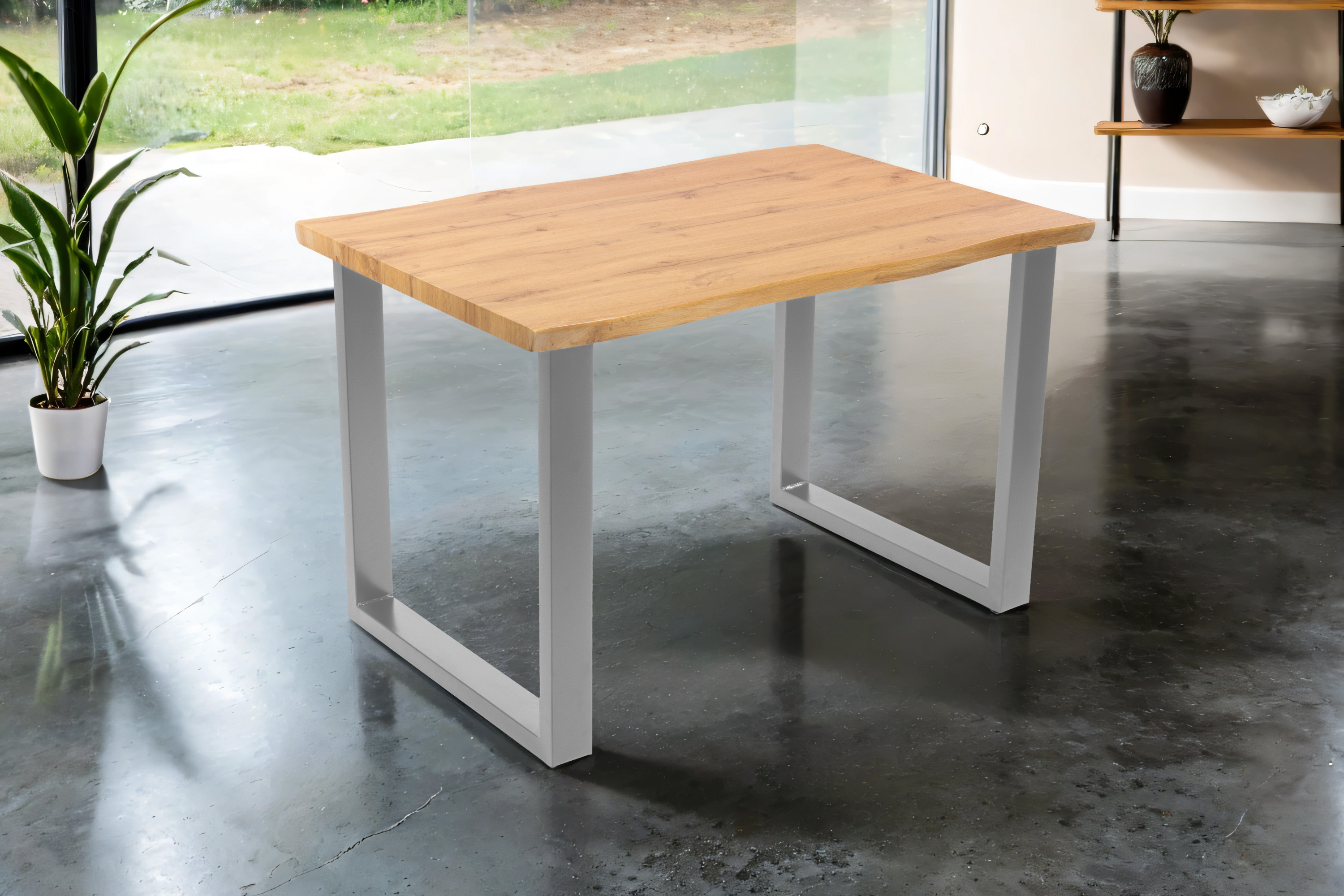 Esstisch 140x80 cm Baumkante Holz Wildeiche-Optik U-Gestell Metall silber JOSY