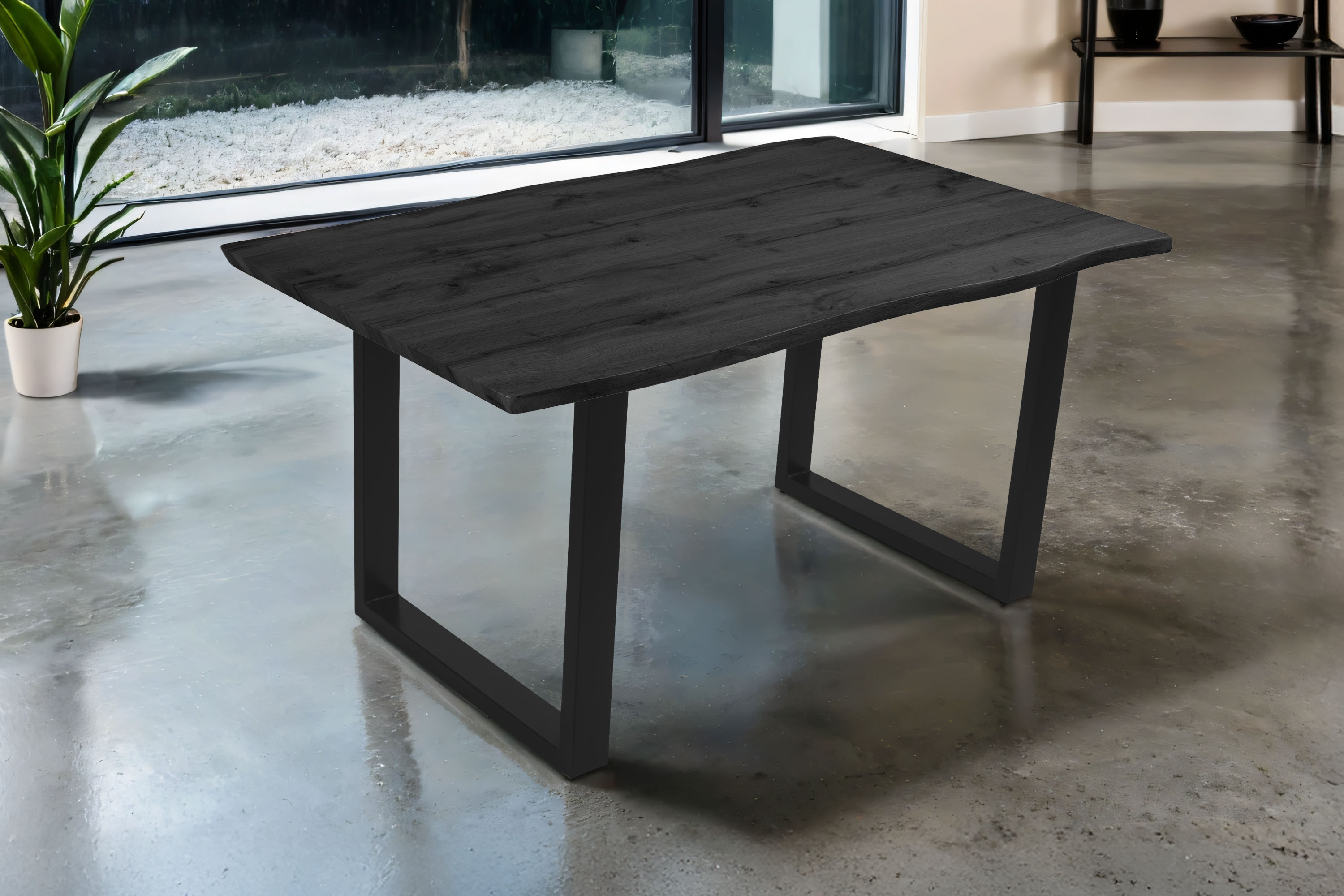 Esstisch 160x85 cm Baumkante Holz Grau-Optik U-Gestell Metall schwarz JOSY