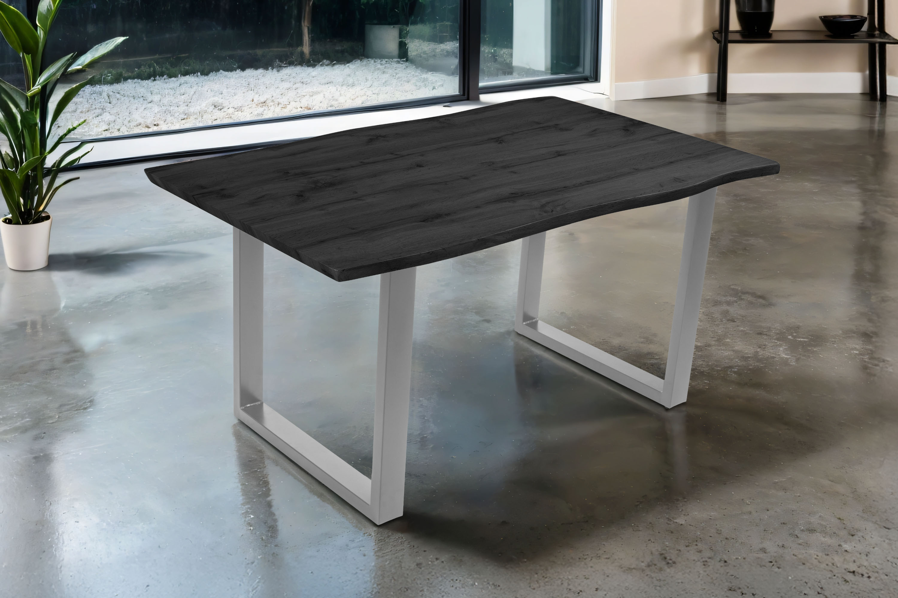 Esstisch 160x85 cm Baumkante Holz Grau-Optik U-Gestell Metall silber JOSY