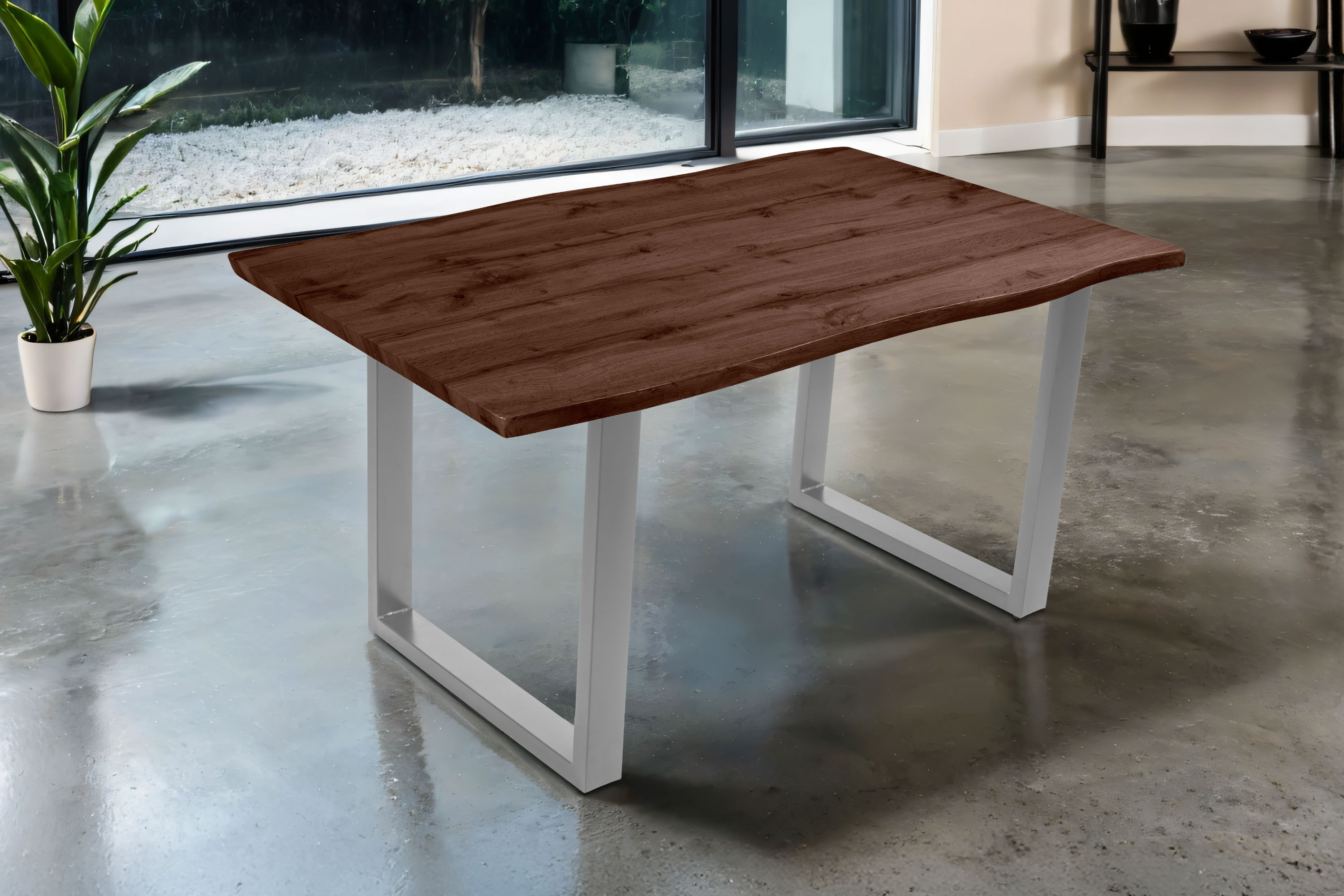 Esstisch 160x85 cm Baumkante Holz Nussbaum-Optik U-Gestell Metall silber JOSY