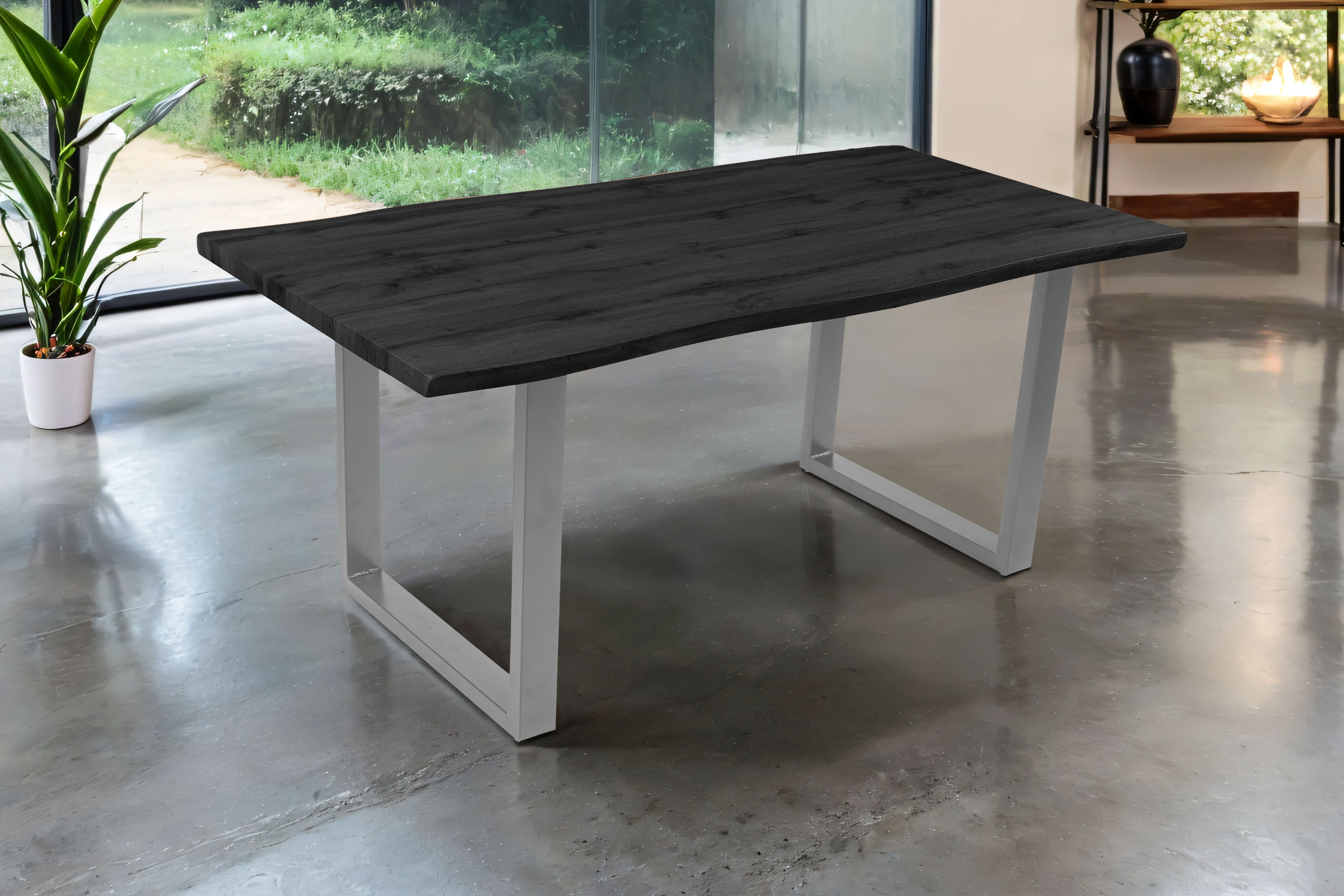 Esstisch 180x90 cm Baumkante Holz Grau-Optik U-Gestell Metall silber JOSY