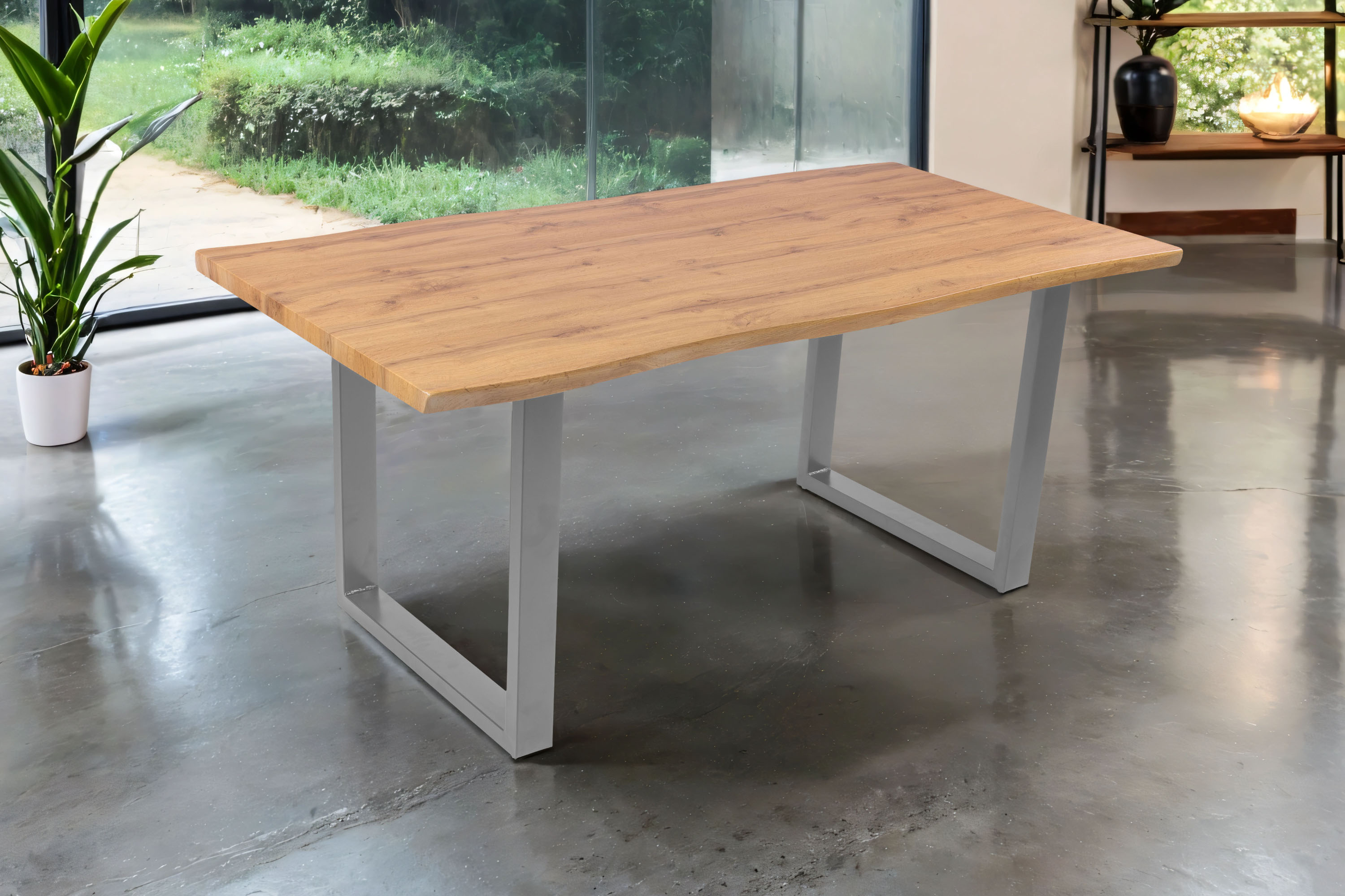 Esstisch 180x90 cm Baumkante Holz Wildeiche-Optik U-Gestell Metall silber JOSY